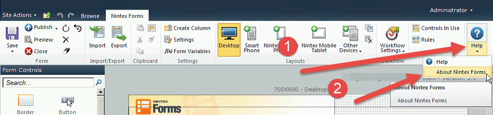 In the ribbon select Help, About Nintex Forms.