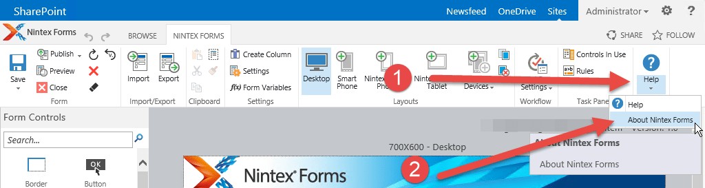 In the ribbon select Help, About Nintex Forms.