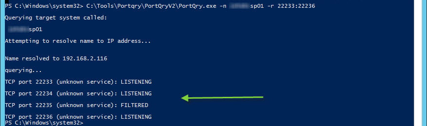 Using Microsoft's Portqry tool we see the ports for Distributed Cache on the first server are open and listening