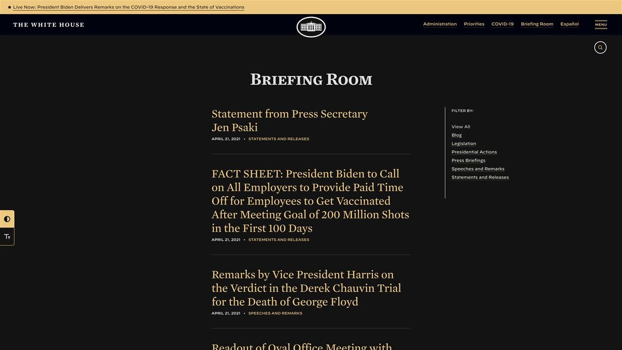 A screenshot of the Briefing Room page of the White House website, in dark mode