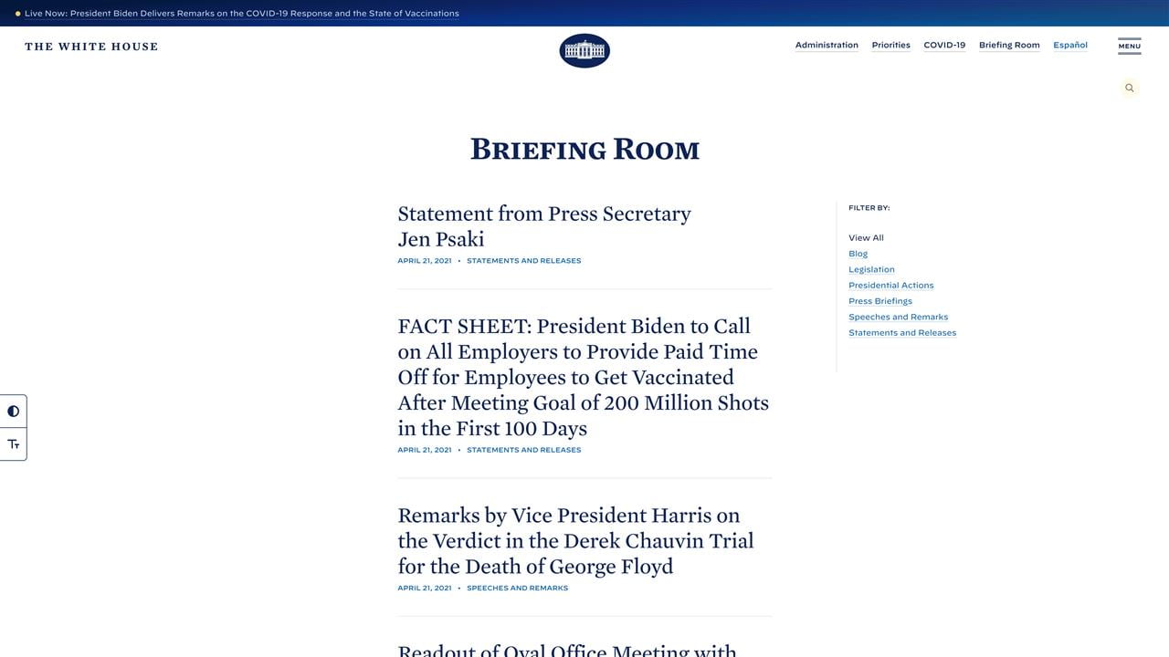 A screenshot of the Briefing Room page of the White House website, in light mode