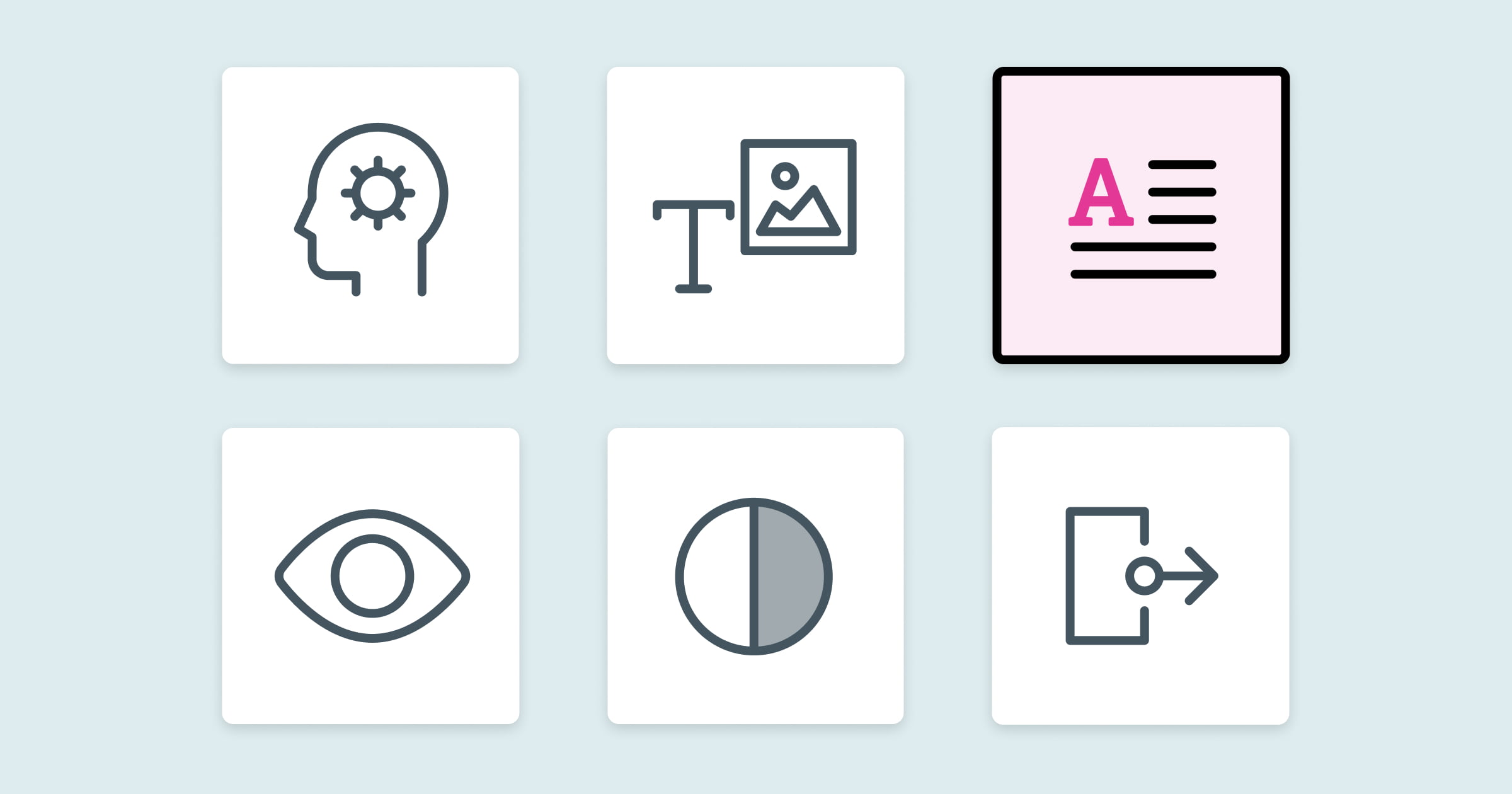 A graphic with six icons on it. From right to left: a head with a gear icon, a text and image icon, a type icon, an eye icon, a dark mode icon, and an icon for motion and animation.