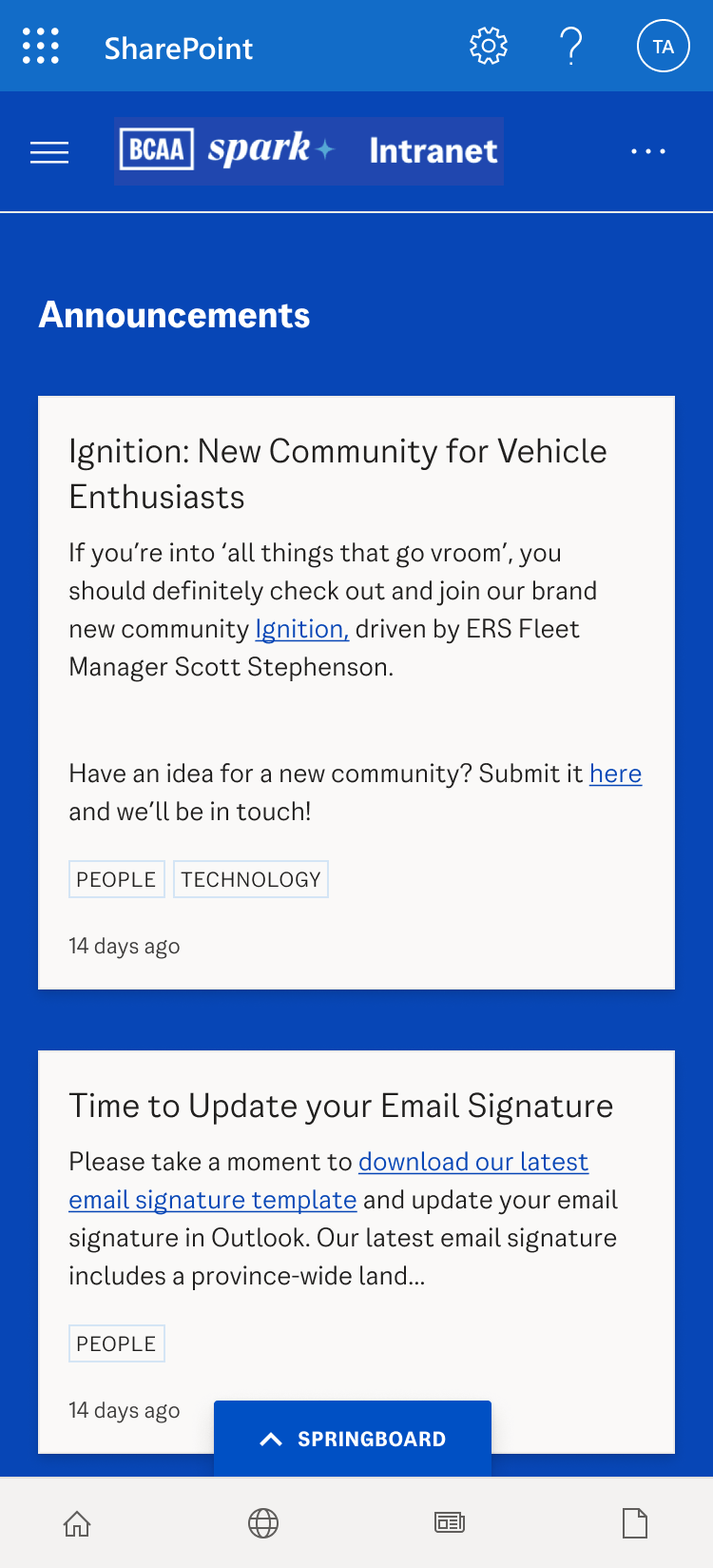 Screenshot of BCAA's intranet, Spark, showing the announcements web part.