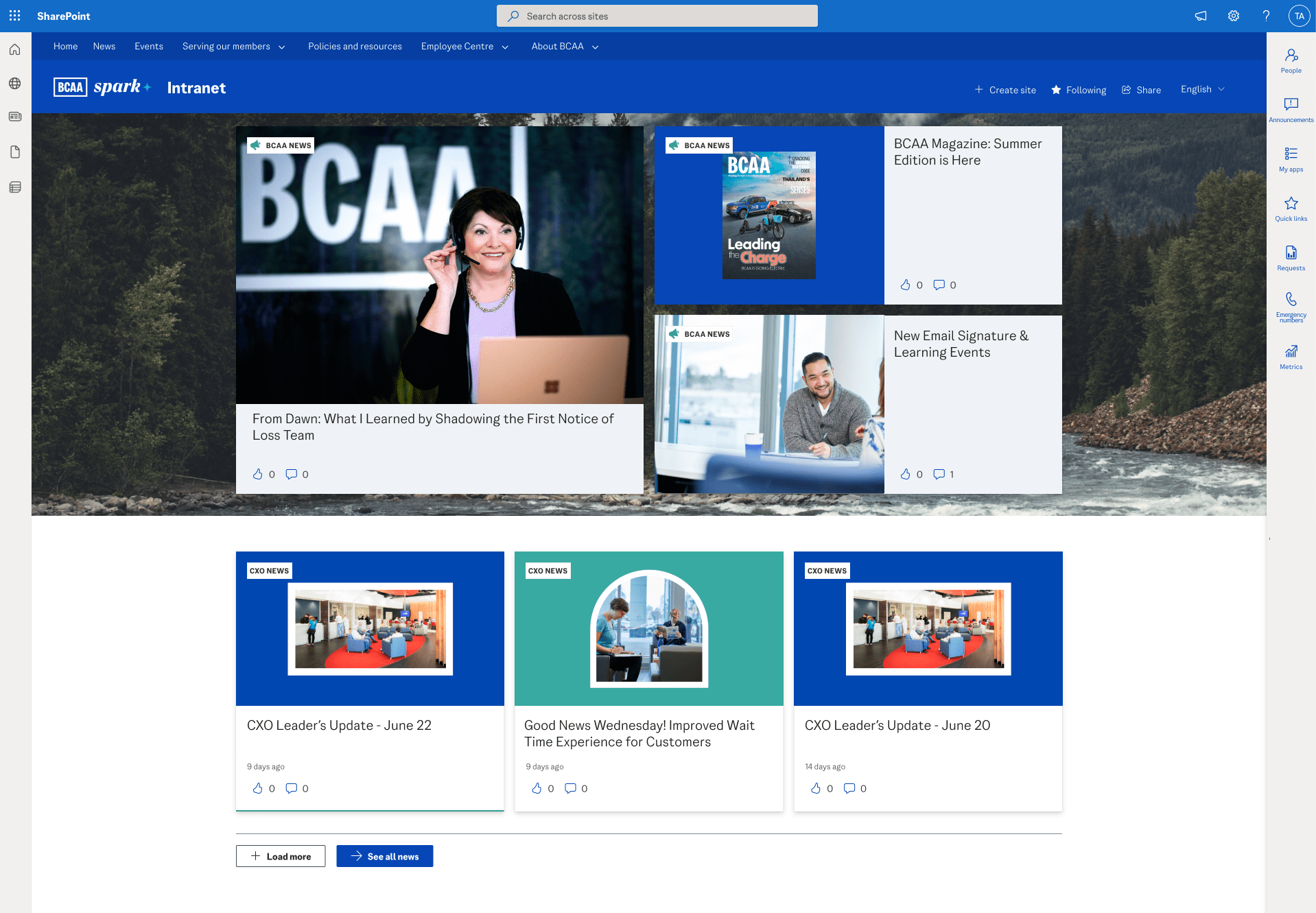 The top of BCAA's intranet, Spark, on desktop view.