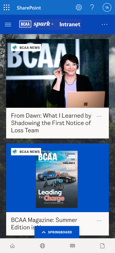 The top of BCAA's intranet, Spark, on mobile view.