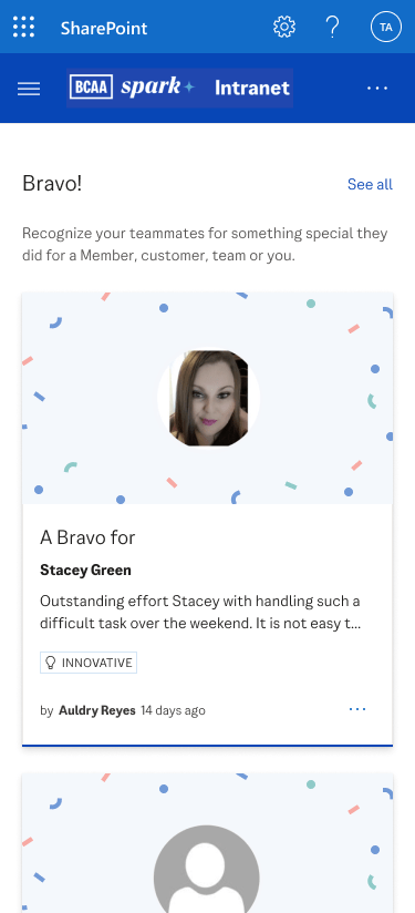 Screenshot of BCAA's intranet, Spark, showing the recognition web part.