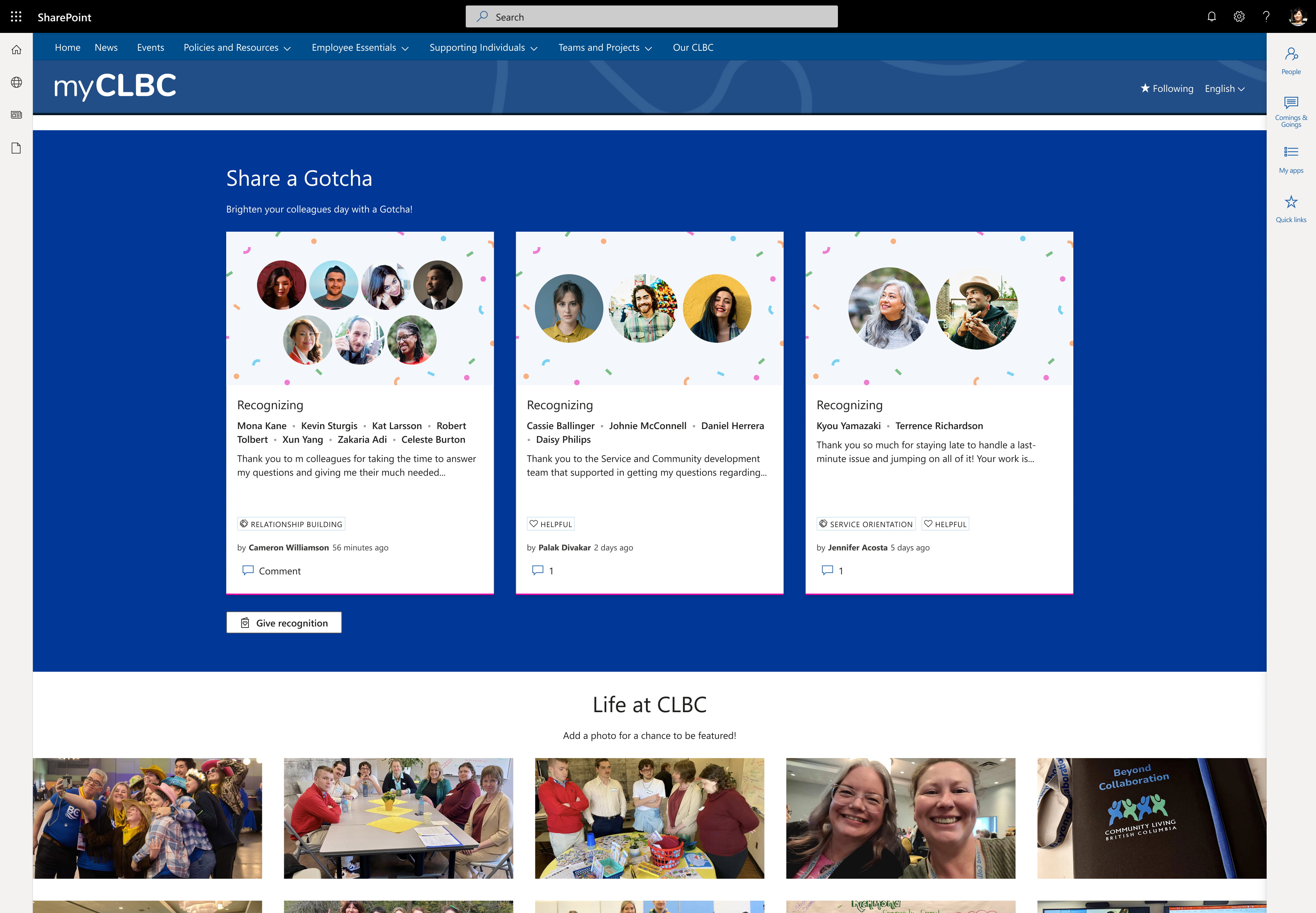 Desktop screenshot of the recognition panel on CLBC's intranet.