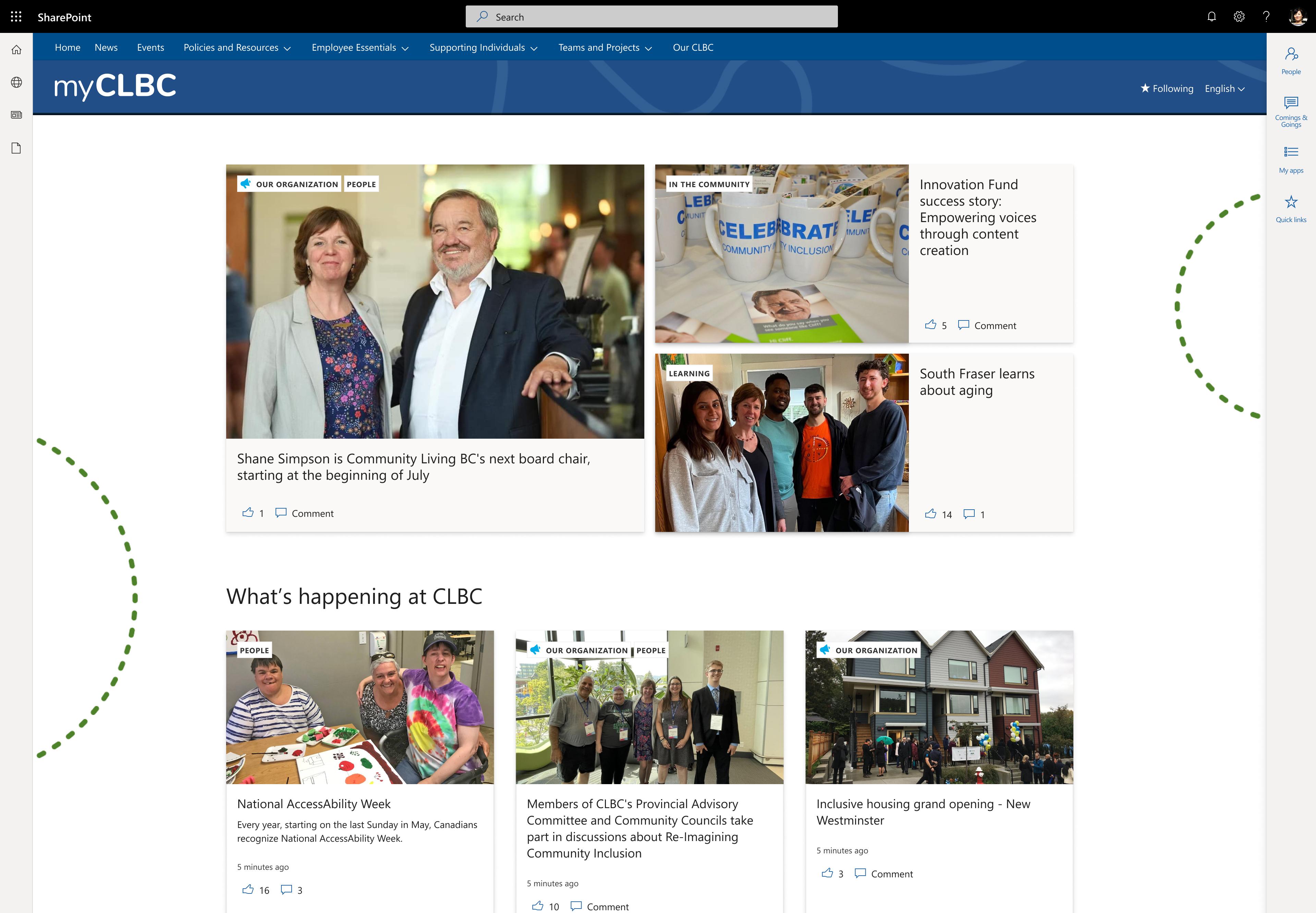 Desktop screenshot of the featured news panel on CLBC's intranet.