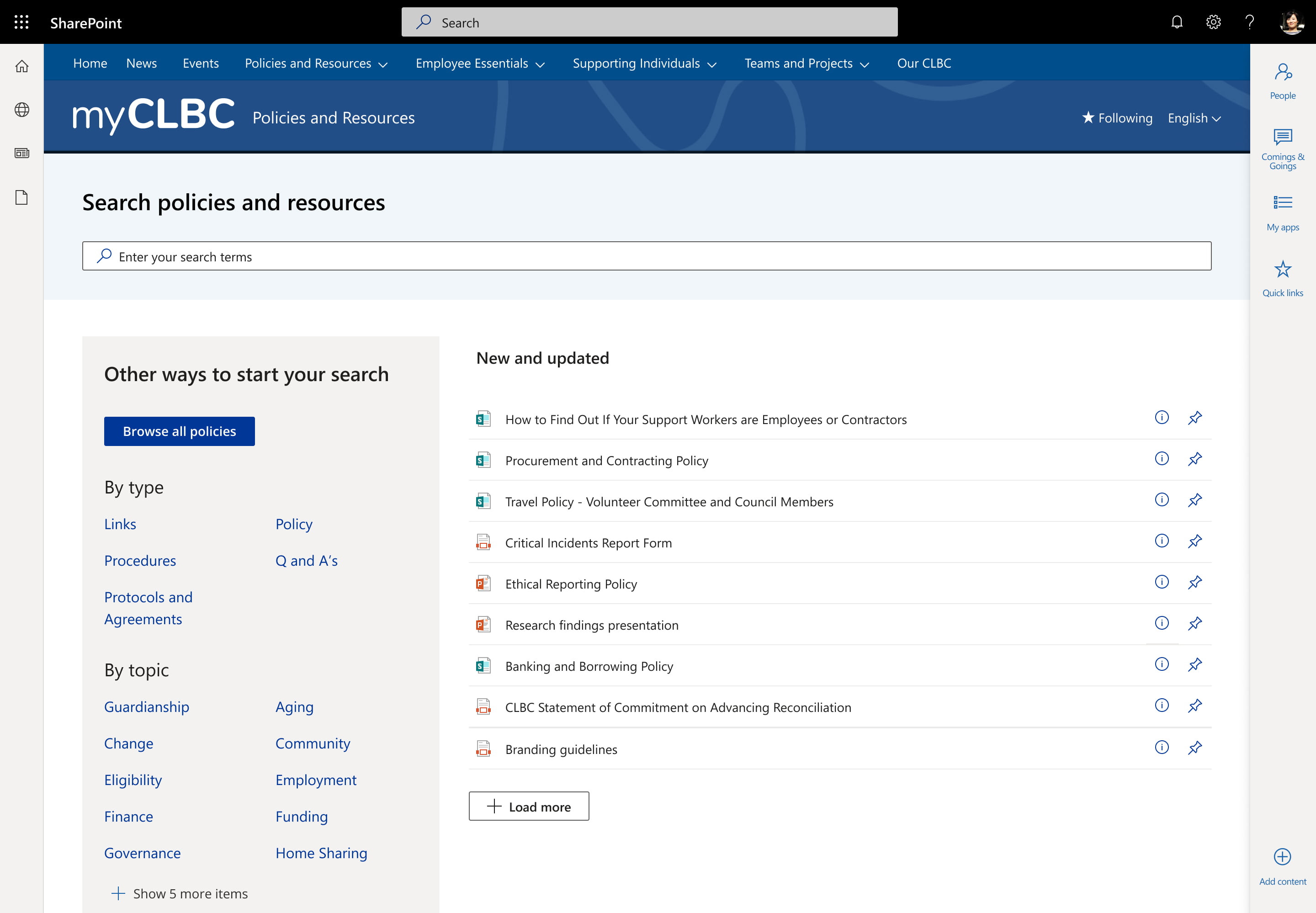 Desktop screenshot of the policies and resources site on CLBC's intranet.