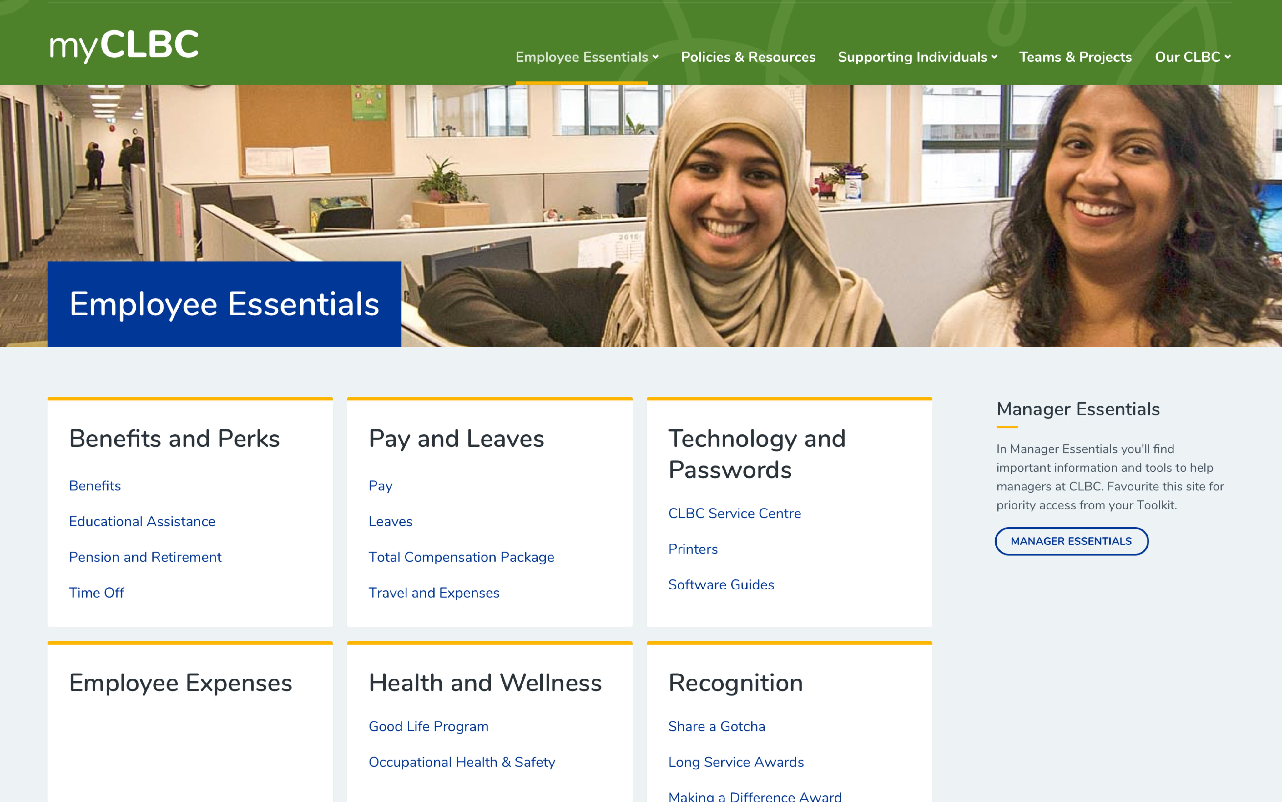 Desktop mock-up of the 'employee essentials' page on CLBC's intranet.