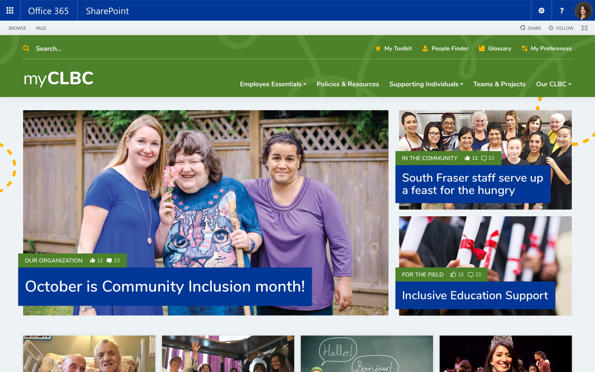Desktop mock-up of the home page of CLBC's intranet.