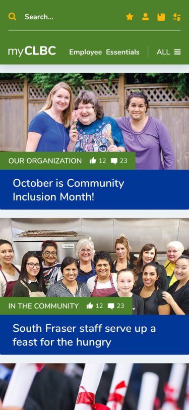 Mobile mock-up of the home page of CLBC's intranet.