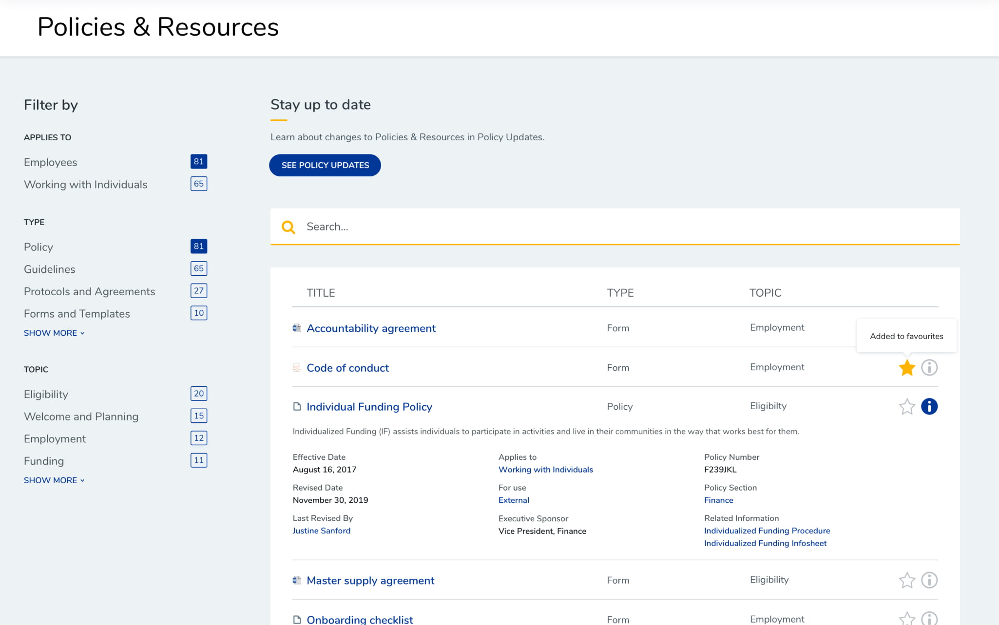 Desktop mock-up of the 'policies and resources' page on CLBC's intranet.