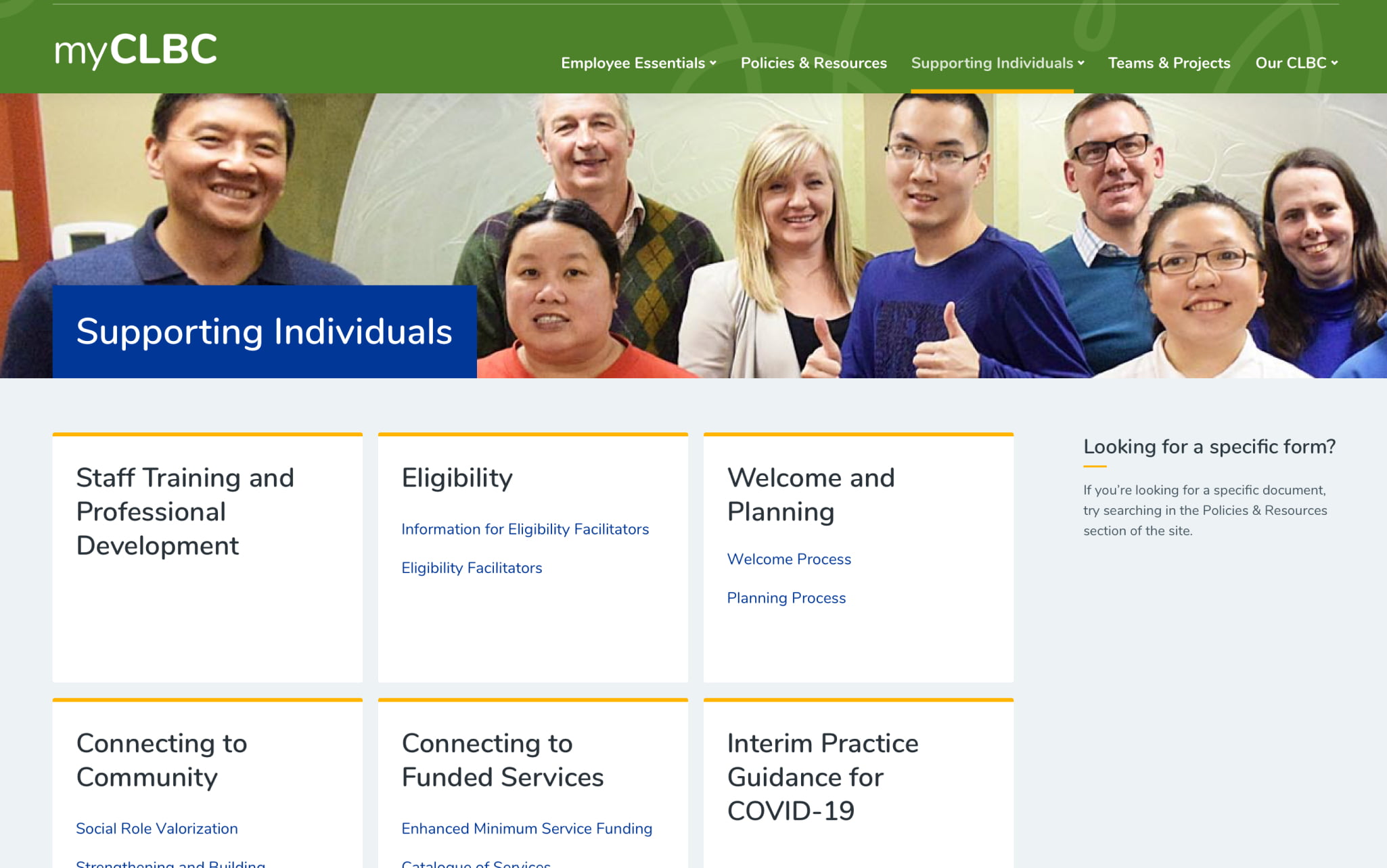 Desktop mock-up of the 'supporting individuals' page on CLBC's intranet.