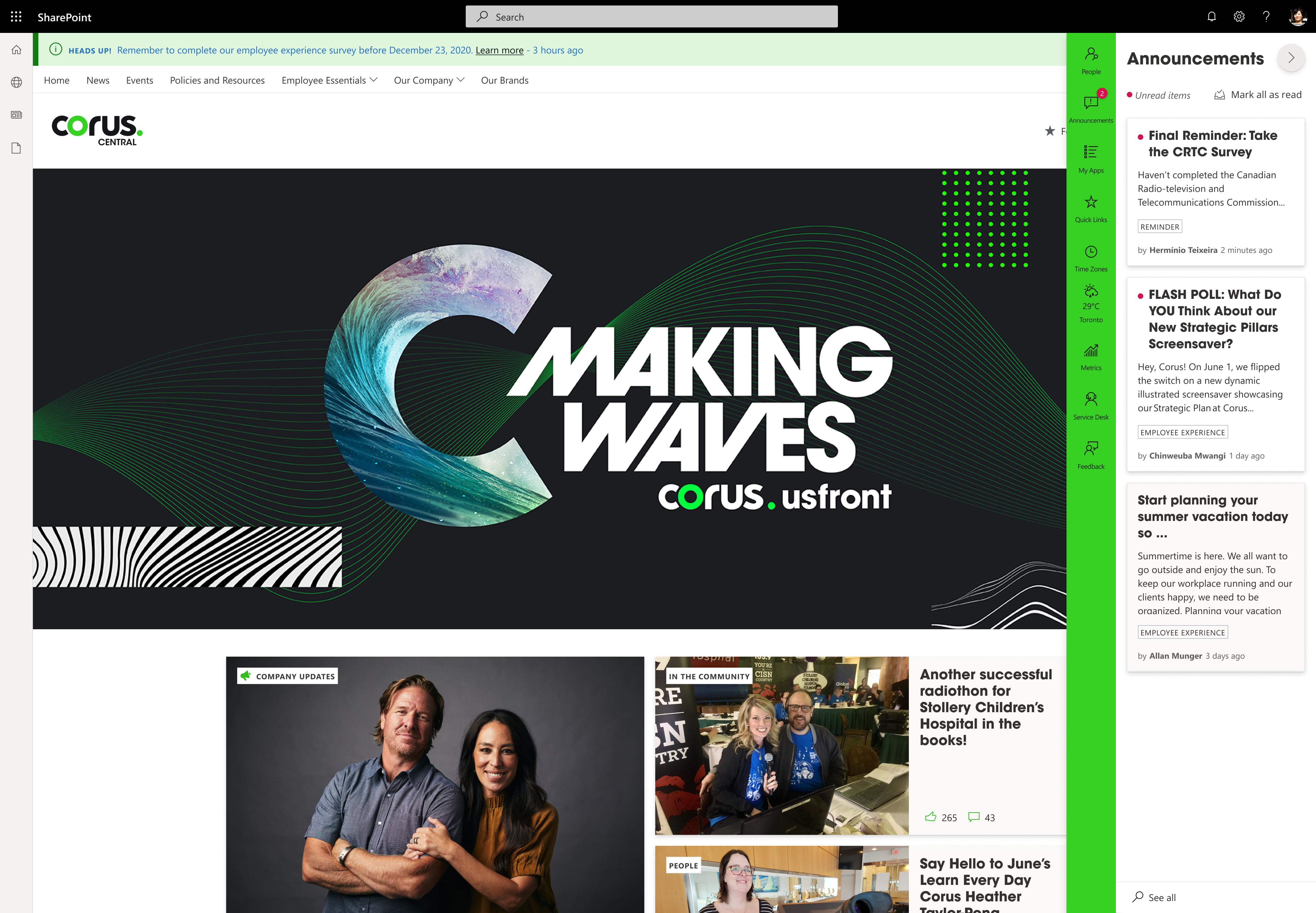 Screenshot of the home page of Corus's intranet, built on GO, featuring a large banner image, some news and a side bar panel showing the most recent announcements.
