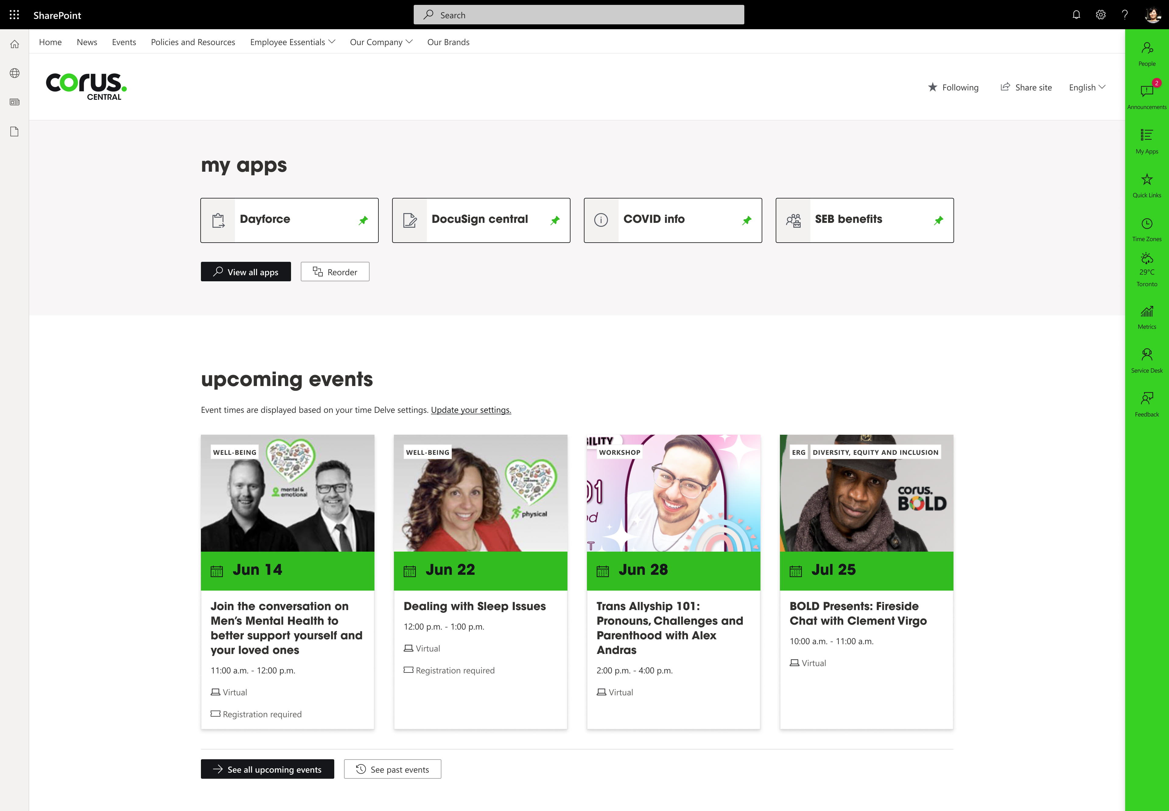 Screenshot of the home page of Corus's intranet, built on GO, featuring the my apps panel and four upcoming events.