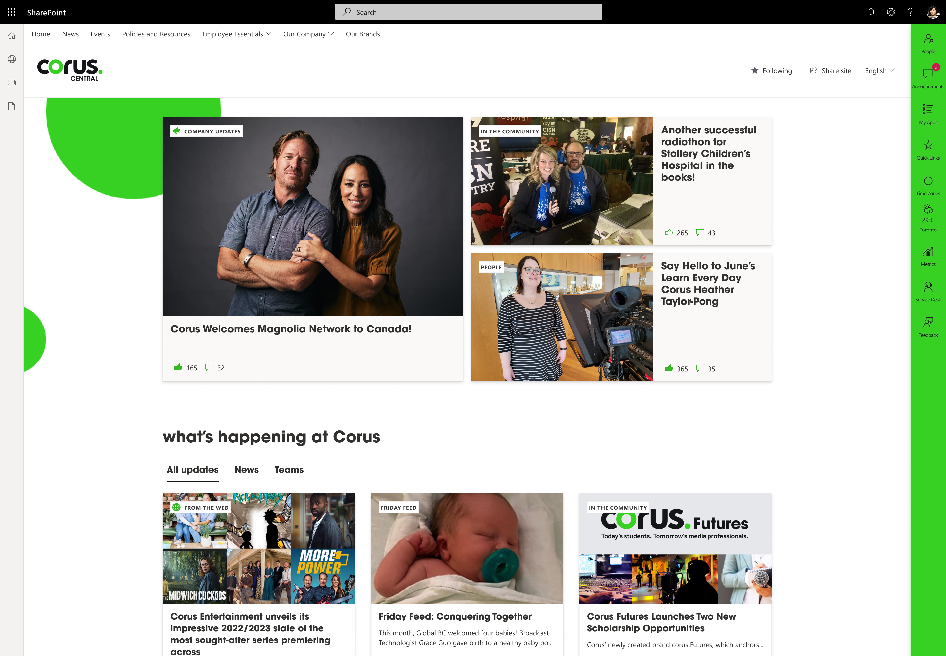 Screenshot of the home page of Corus's intranet, built on GO, featuring the news roll-up.