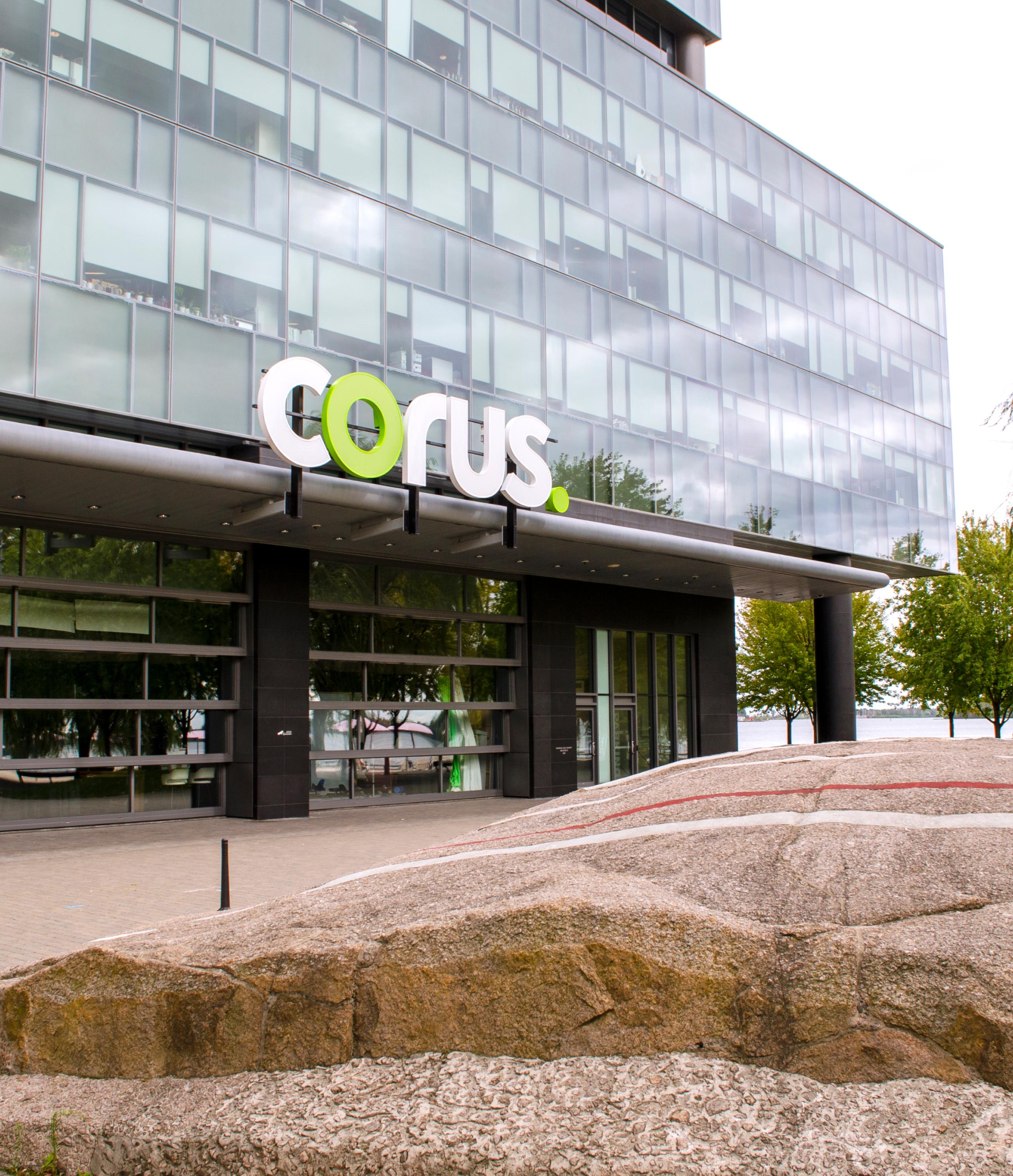 Photo of the outside of the Corus building which showcases the Corus logo.