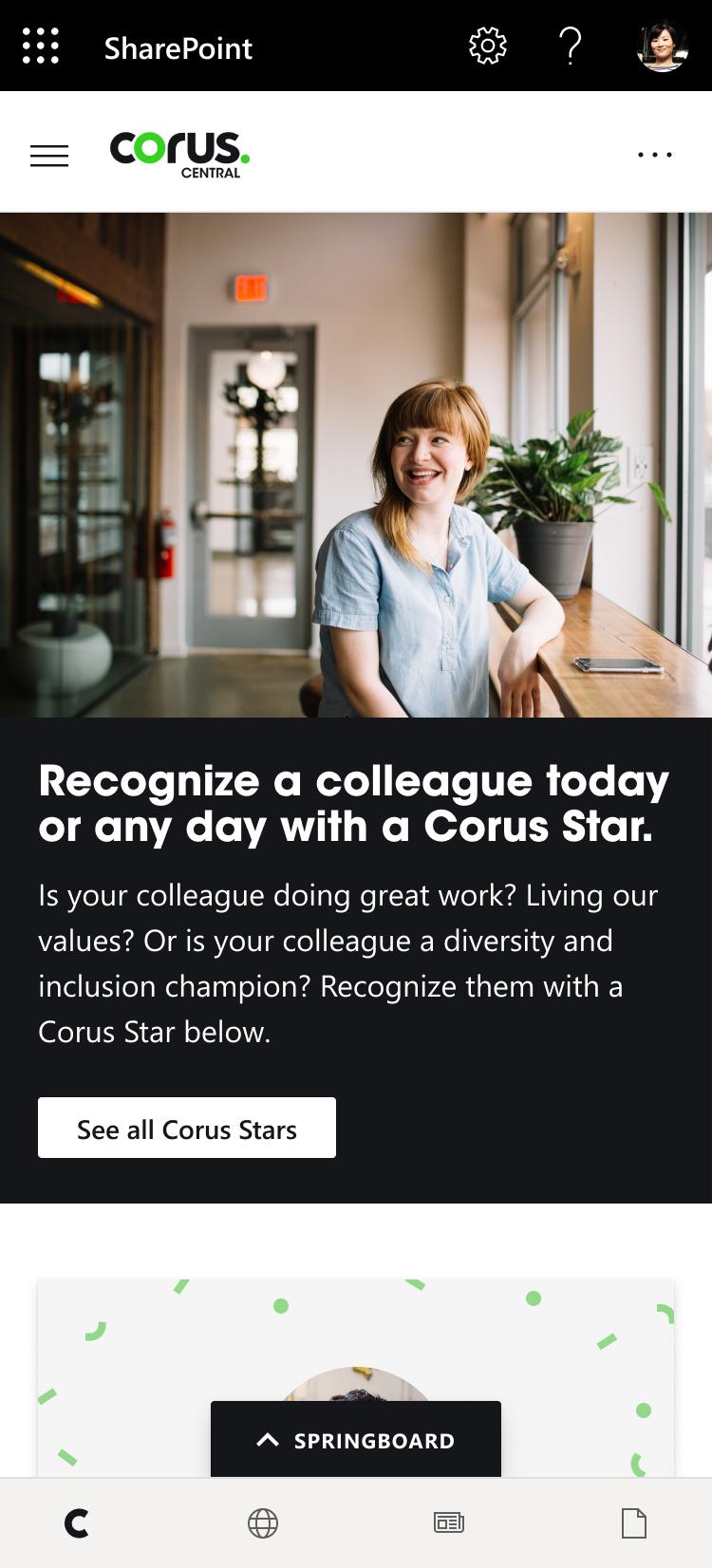 Mobile screenshot of Corus's home page, built on GO, featuring the featured content panel and kudos.