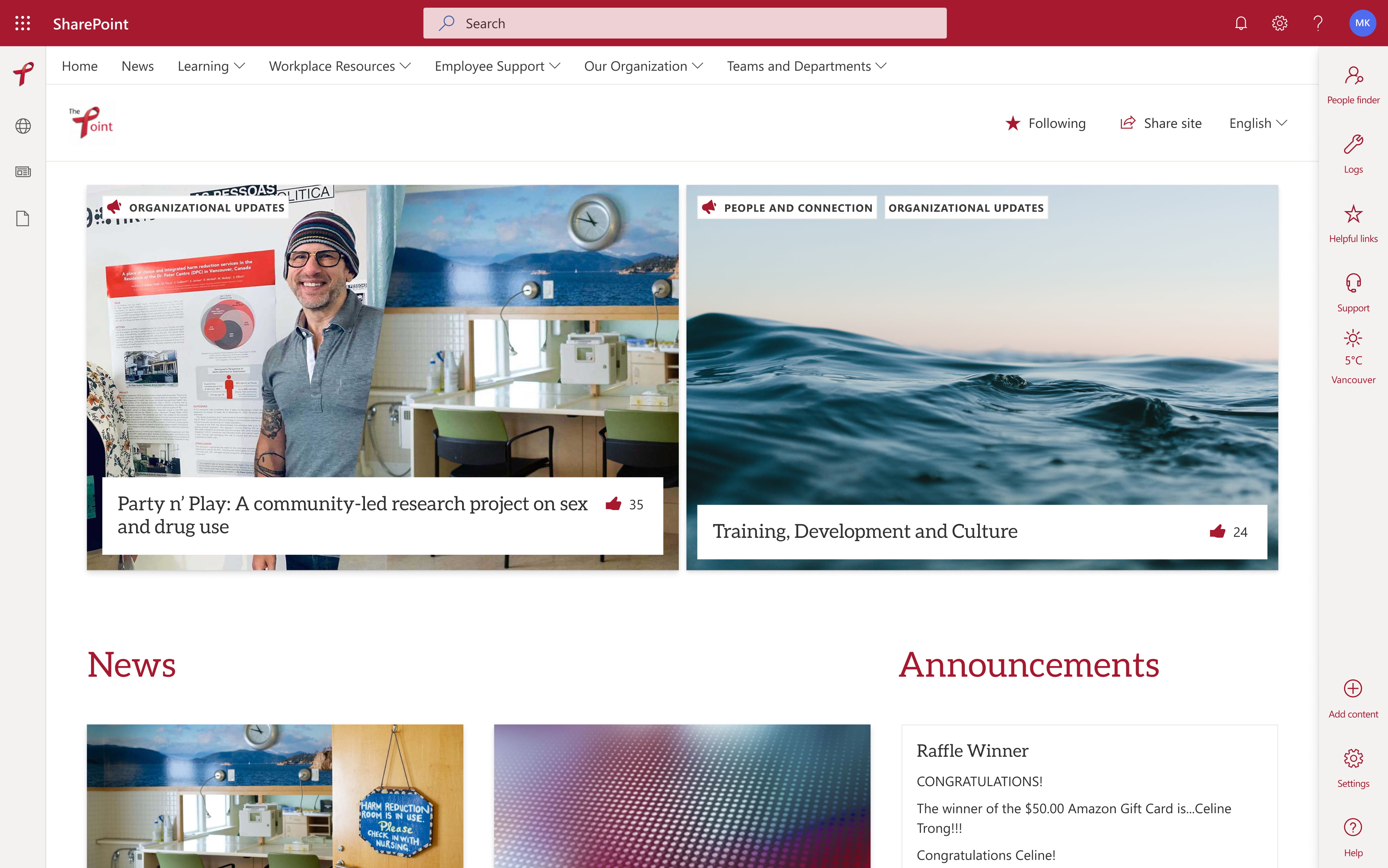 The desktop view of the featured news web part on Dr. Peter's GO intranet homepage.
