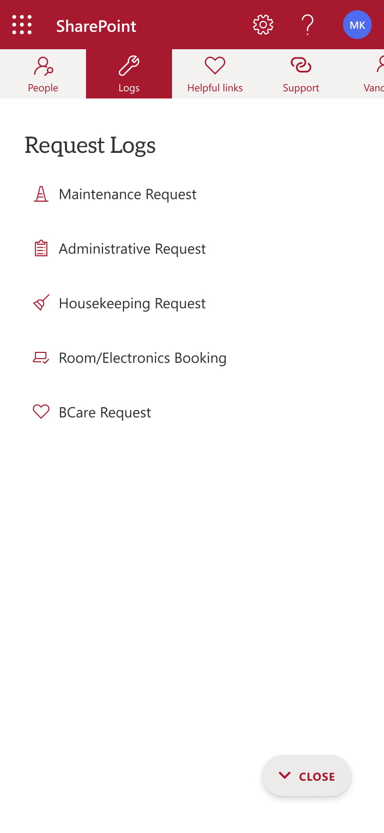 Dr. Peter's GO intranet homepage with the springboard open, exposing the requests logs area.