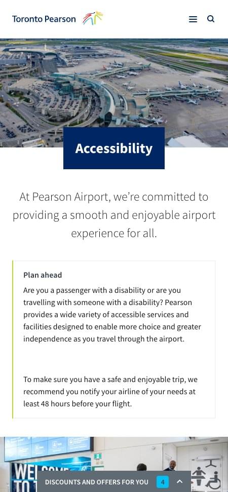 A screenshot of the accessibility landing page on TorontoPearson.com on a mobile-sized viewport.