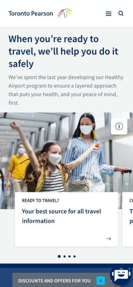 The homepage of TorontoPearson.com when viewed on a mobile device.