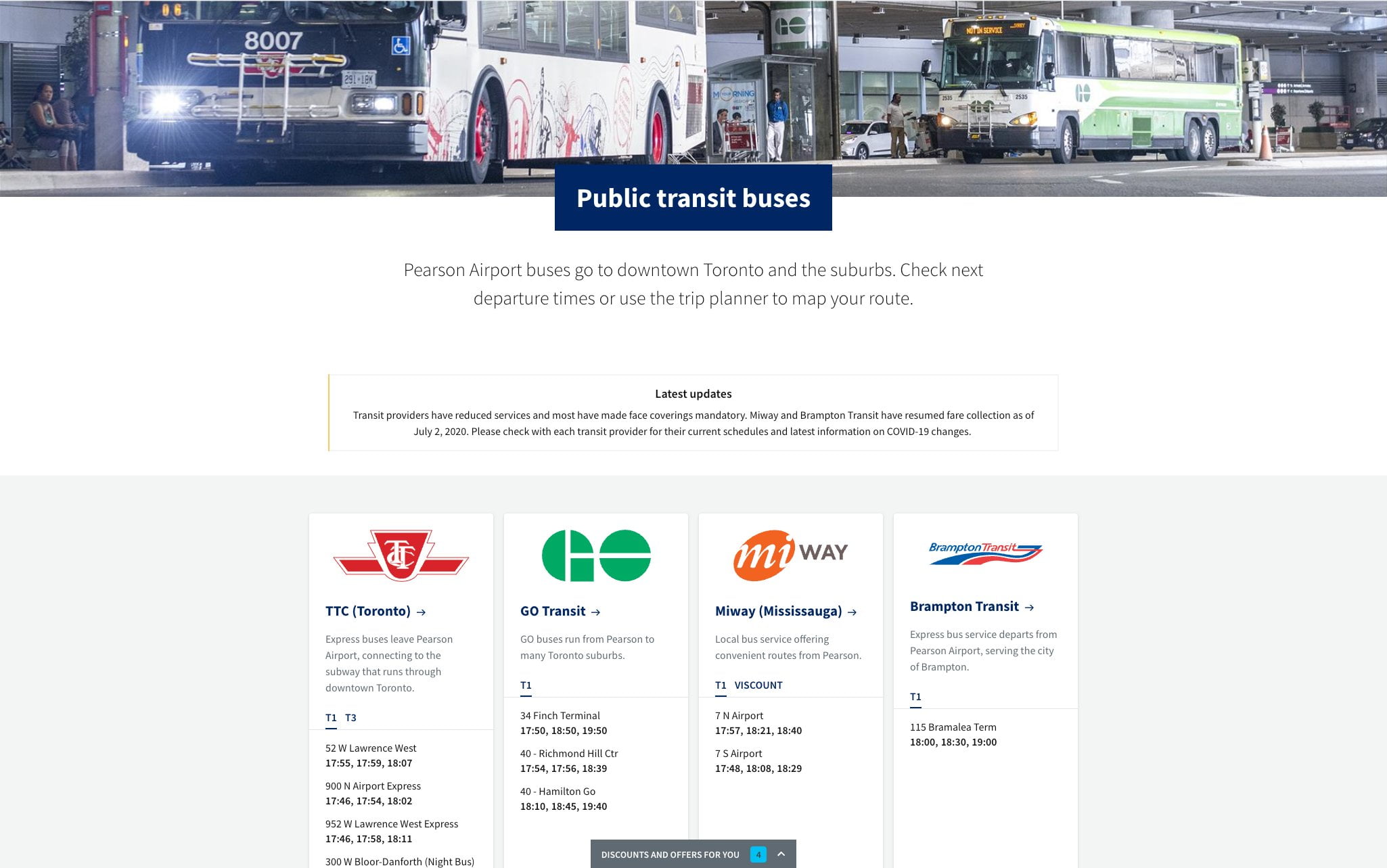 A desktop screenshot of the public transit page on TorontoPearson.com. Shows the timetable of buses that leave the airport.