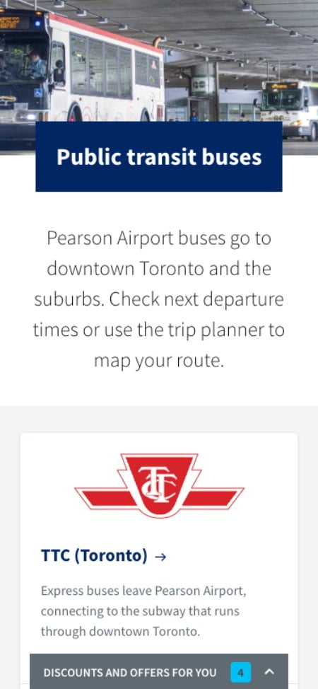 A desktop screenshot of the public transit page on TorontoPearson.com. Shows the timetable of buses that leave the airport.