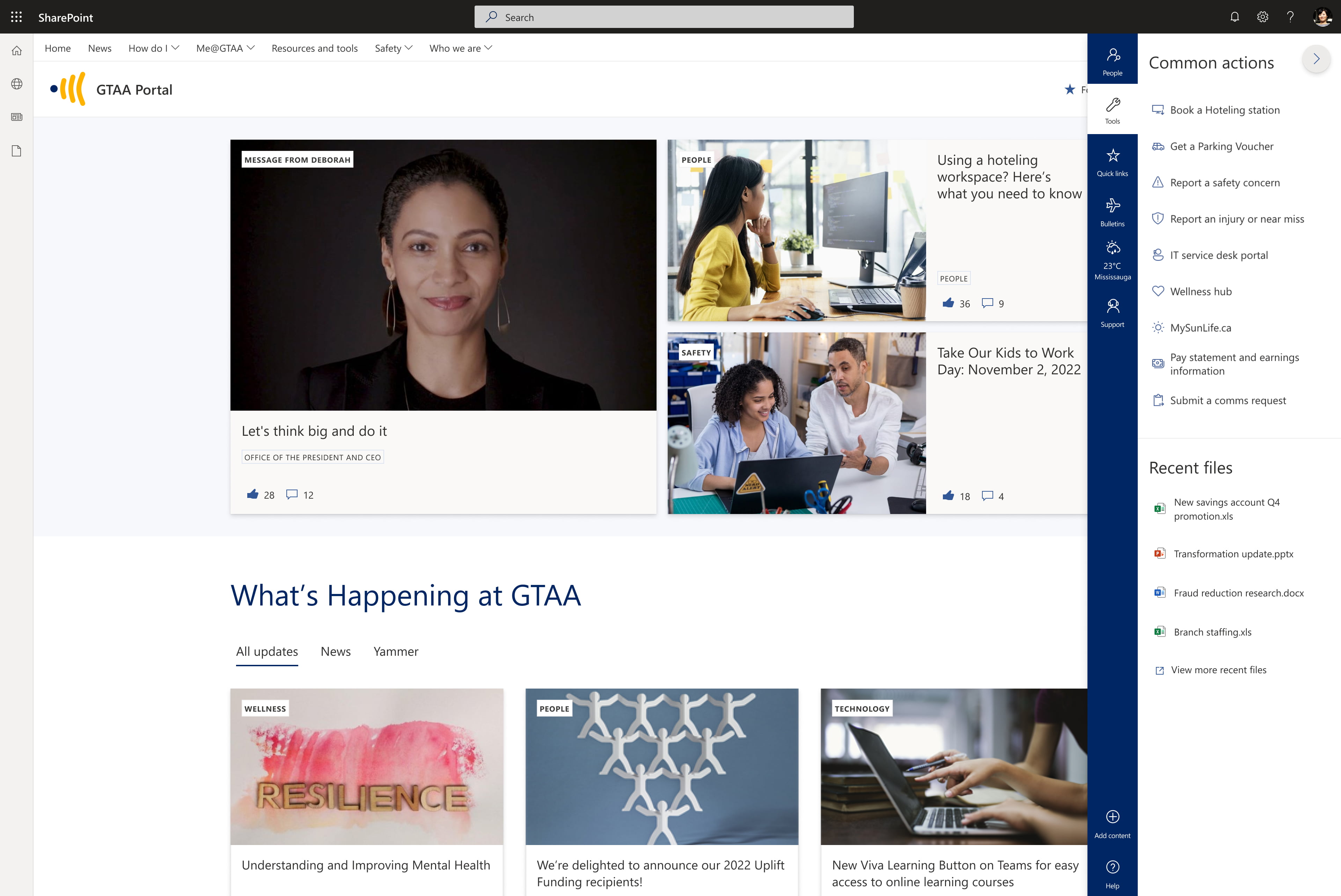 Screenshot of GTAA's intranet with the springboard open, built on GO.