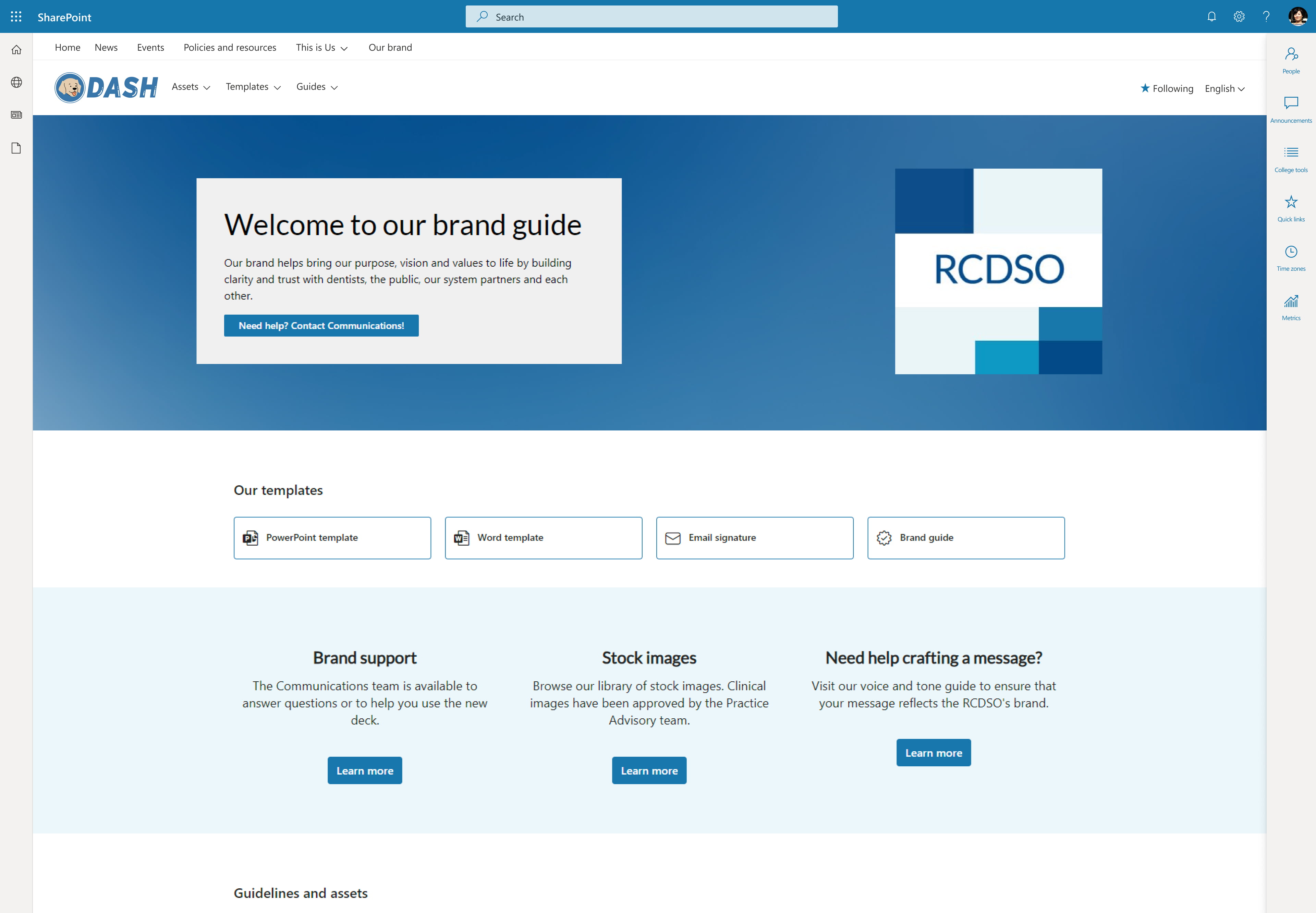 Desktop view of RCDSO's brand portal on their intranet, Dash, built on SharePoint.