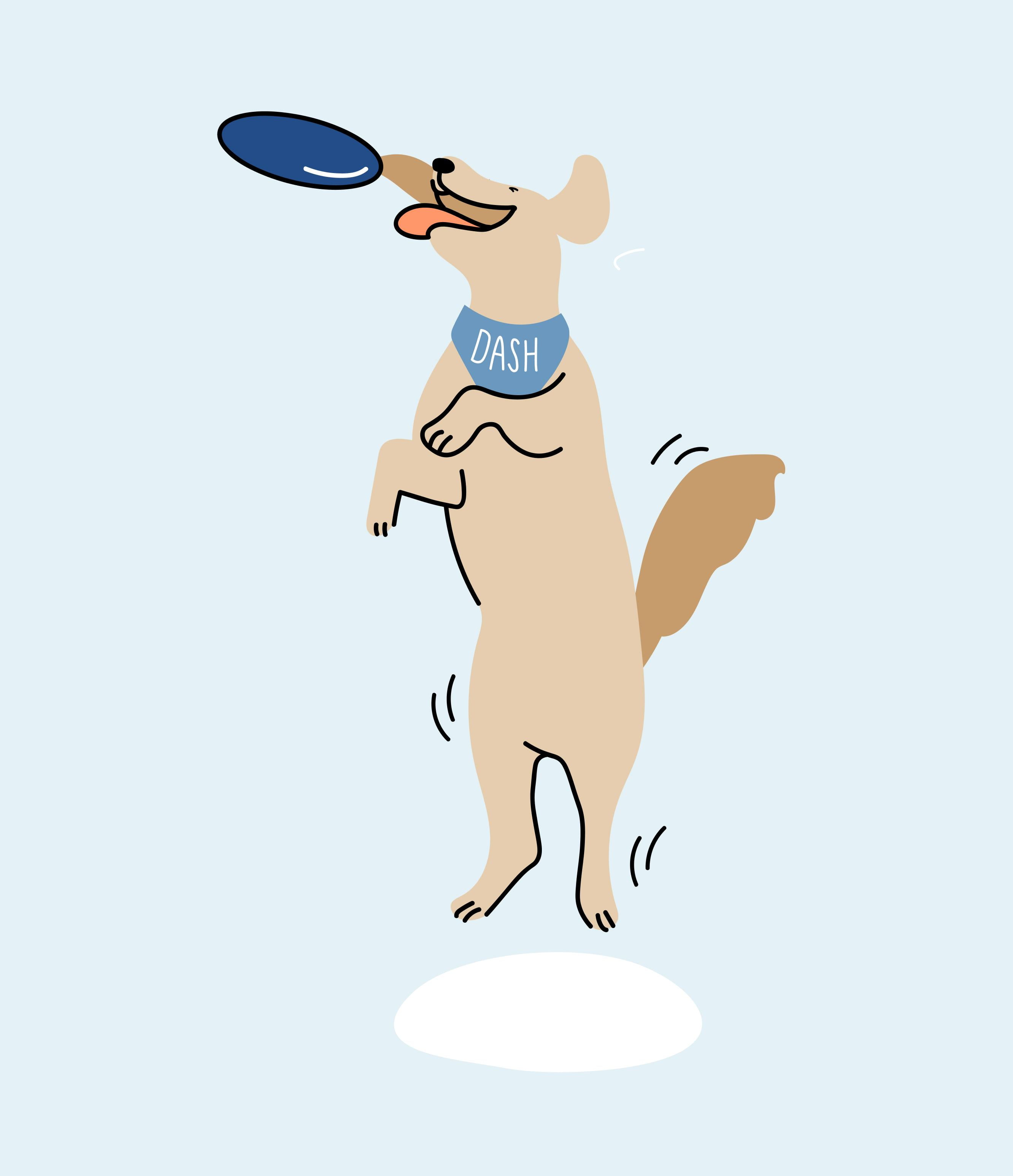 Illustration of a dog catching a frisbee.