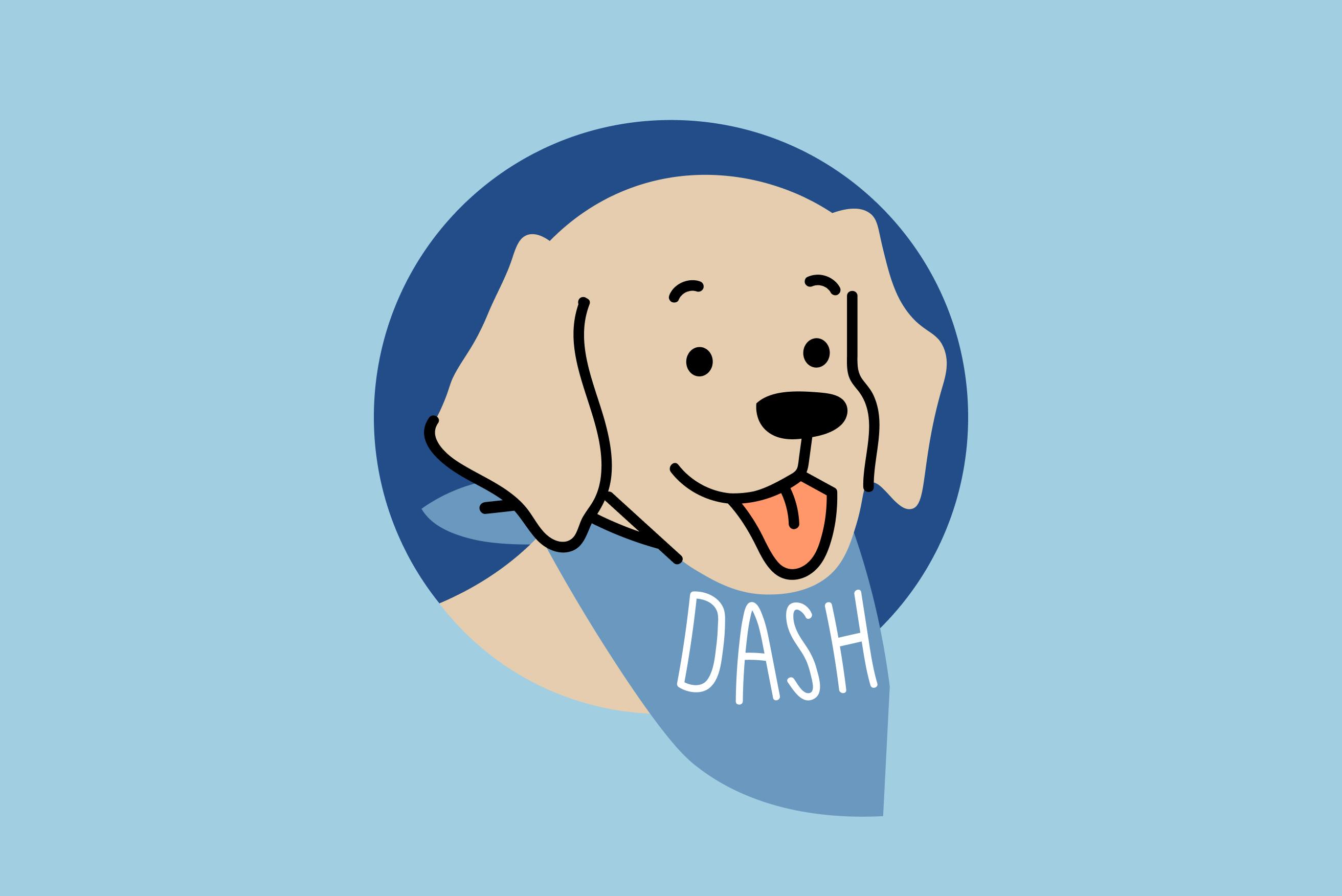 Illustration of a dog wearing a bandana that says 'Dash'.