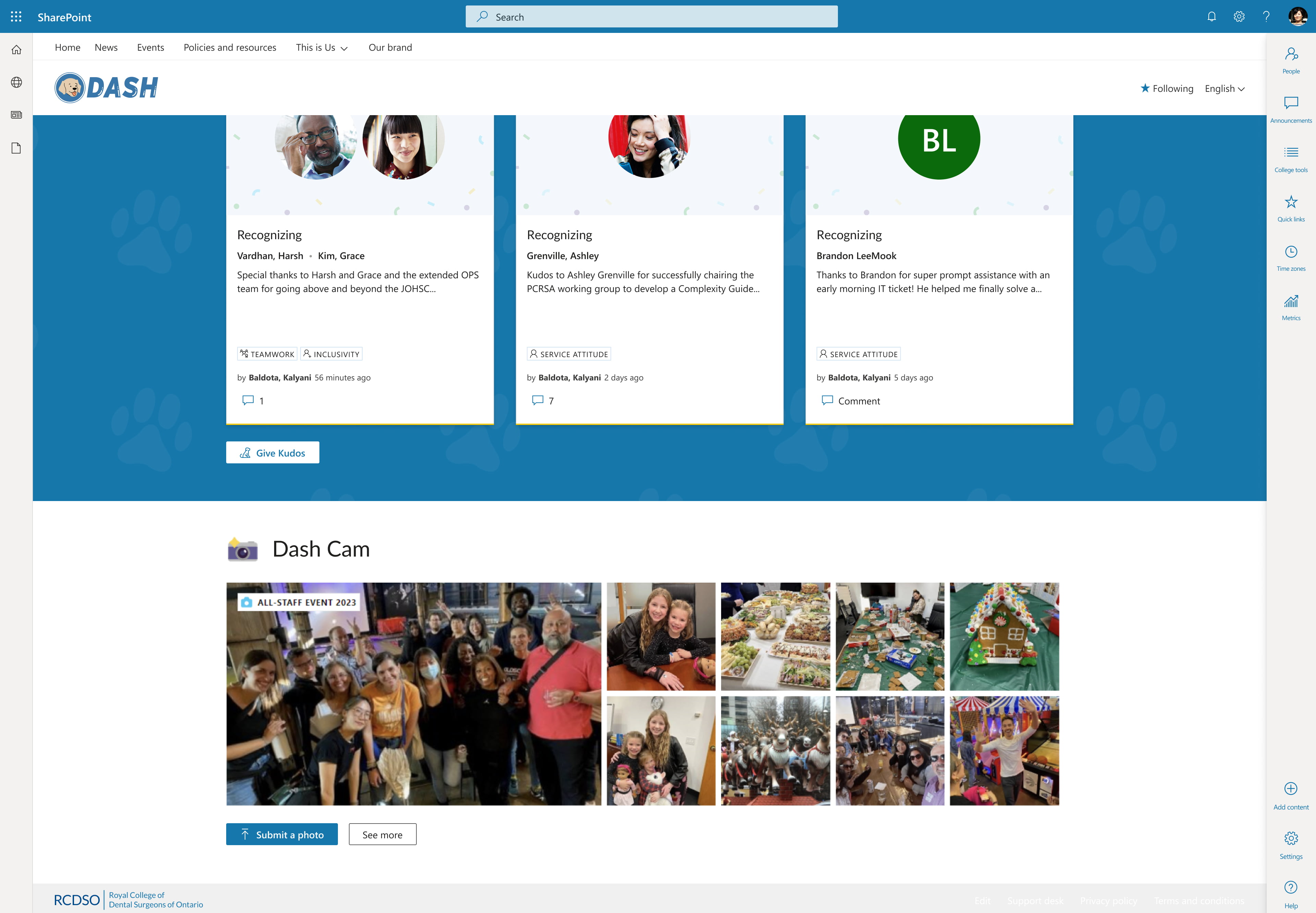 Desktop view of the photo gallery panel on RCDSO's intranet homepage, Dash, built on SharePoint.