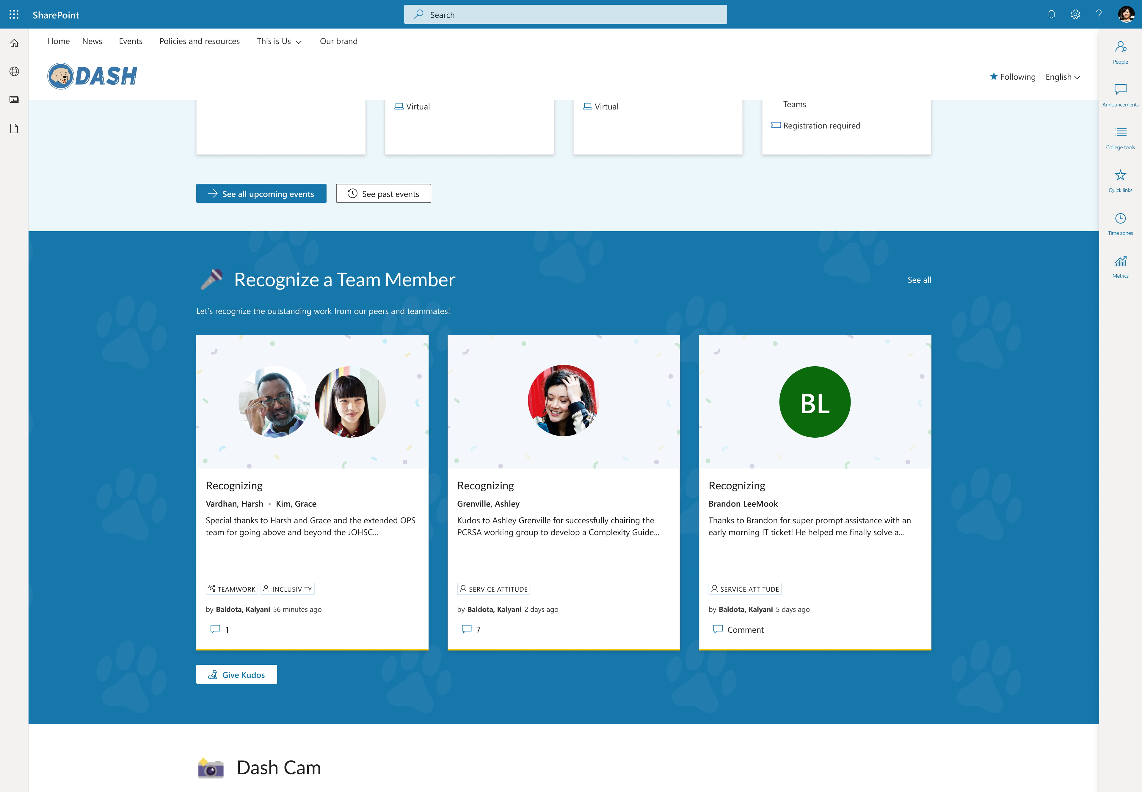 Desktop view of the recognition panel on RCDSO's intranet homepage, Dash, built on SharePoint.