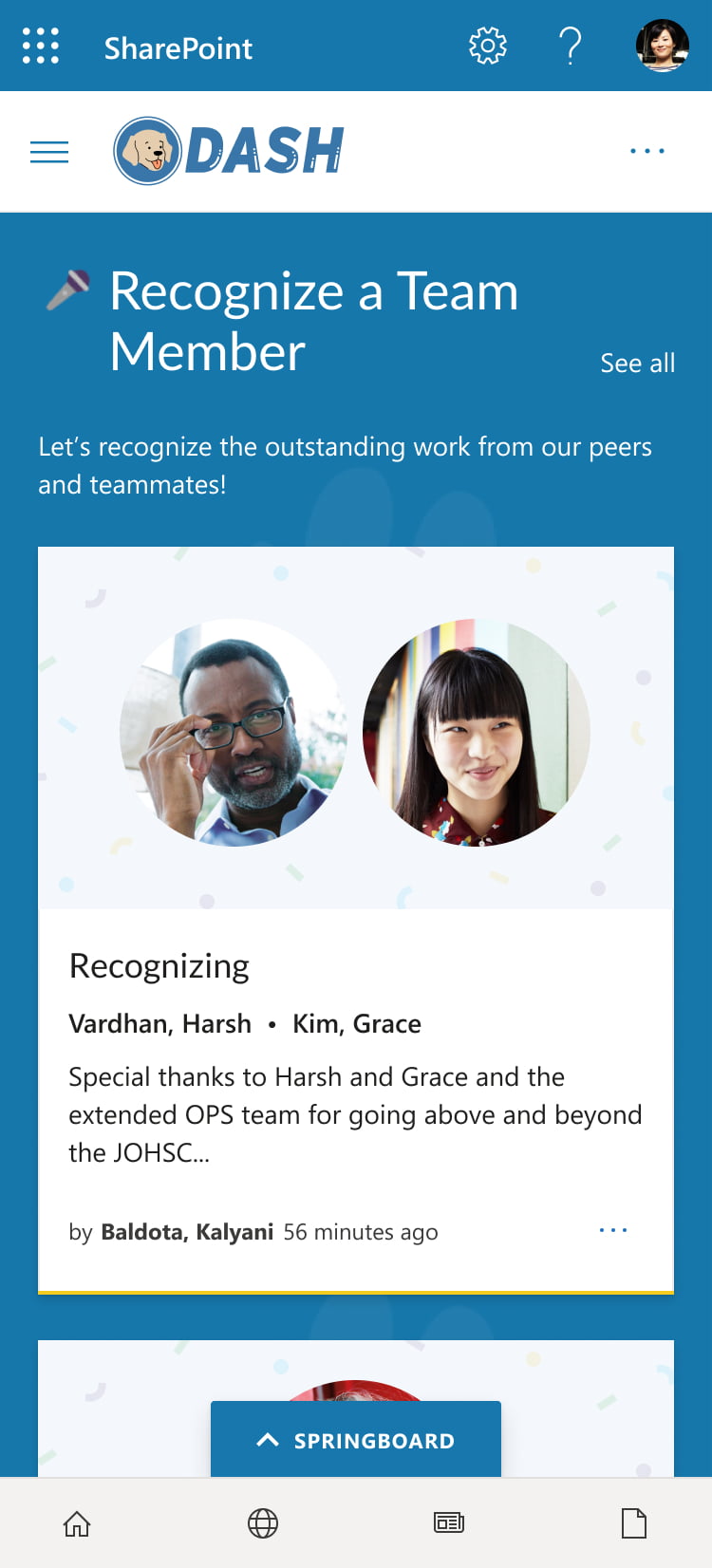 Mobile view of the recognition panel on RCDSO's intranet homepage, Dash, built on SharePoint.