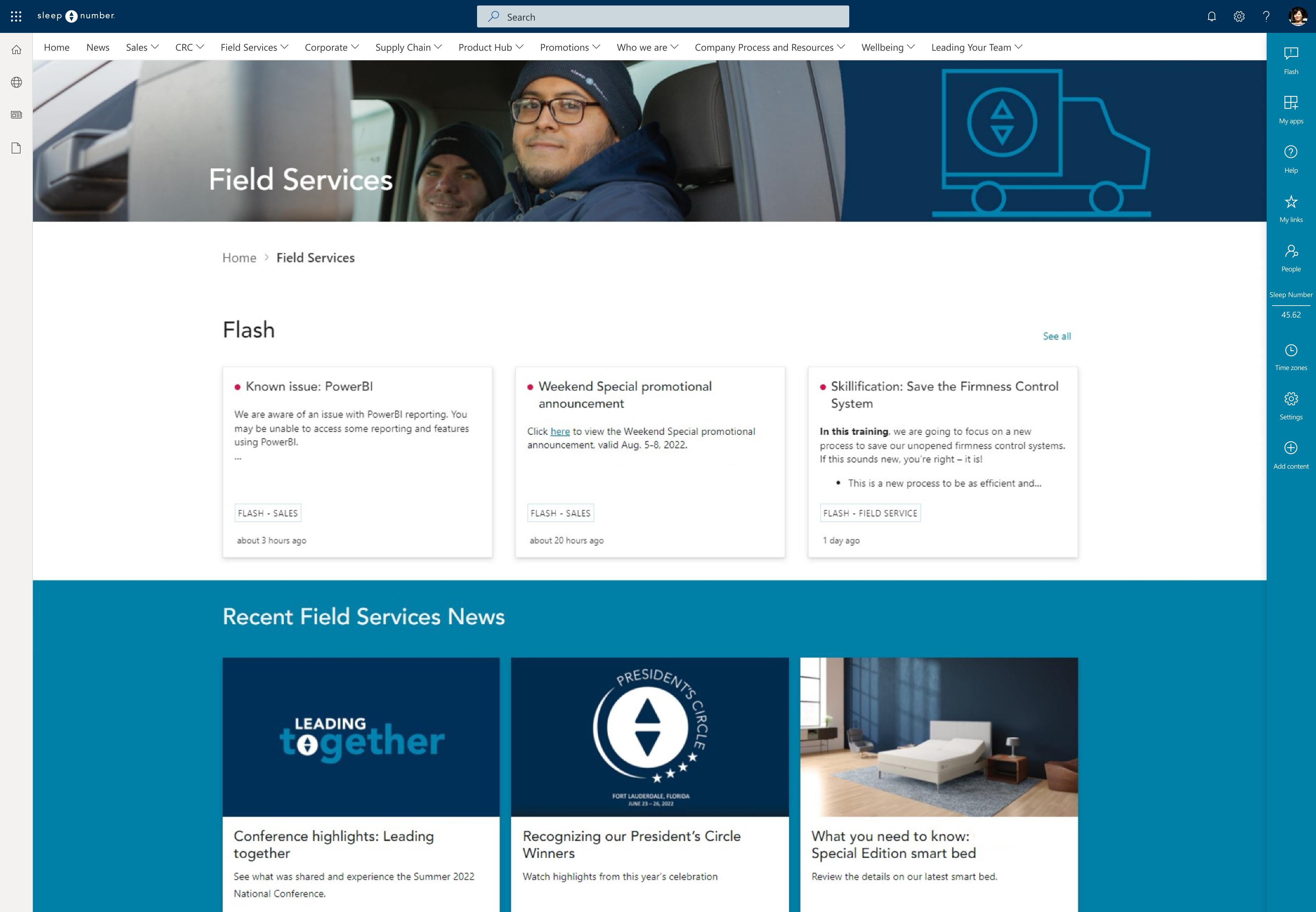 Screenshot of Sleep Number's field services landing page on their intranet, built on GO.