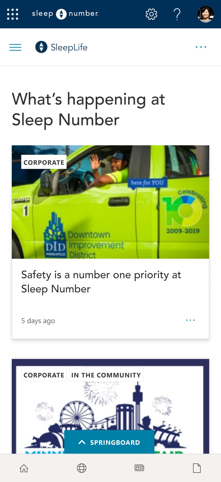 Screenshot of the mobile version of Sleep Number's modern intranet, built on GO.