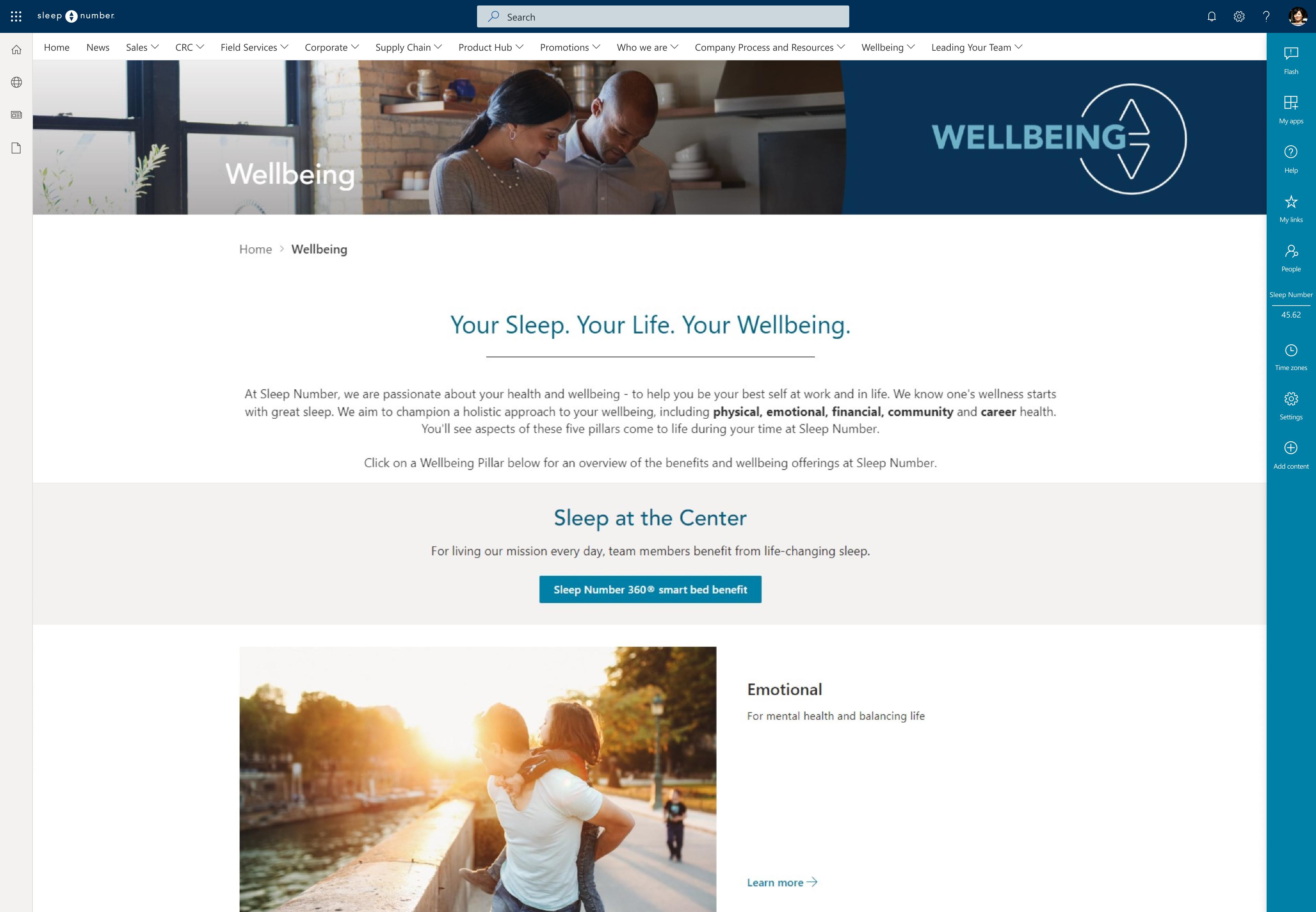 Screenshot of Sleep Number's modern intranet wellness page, built on GO.