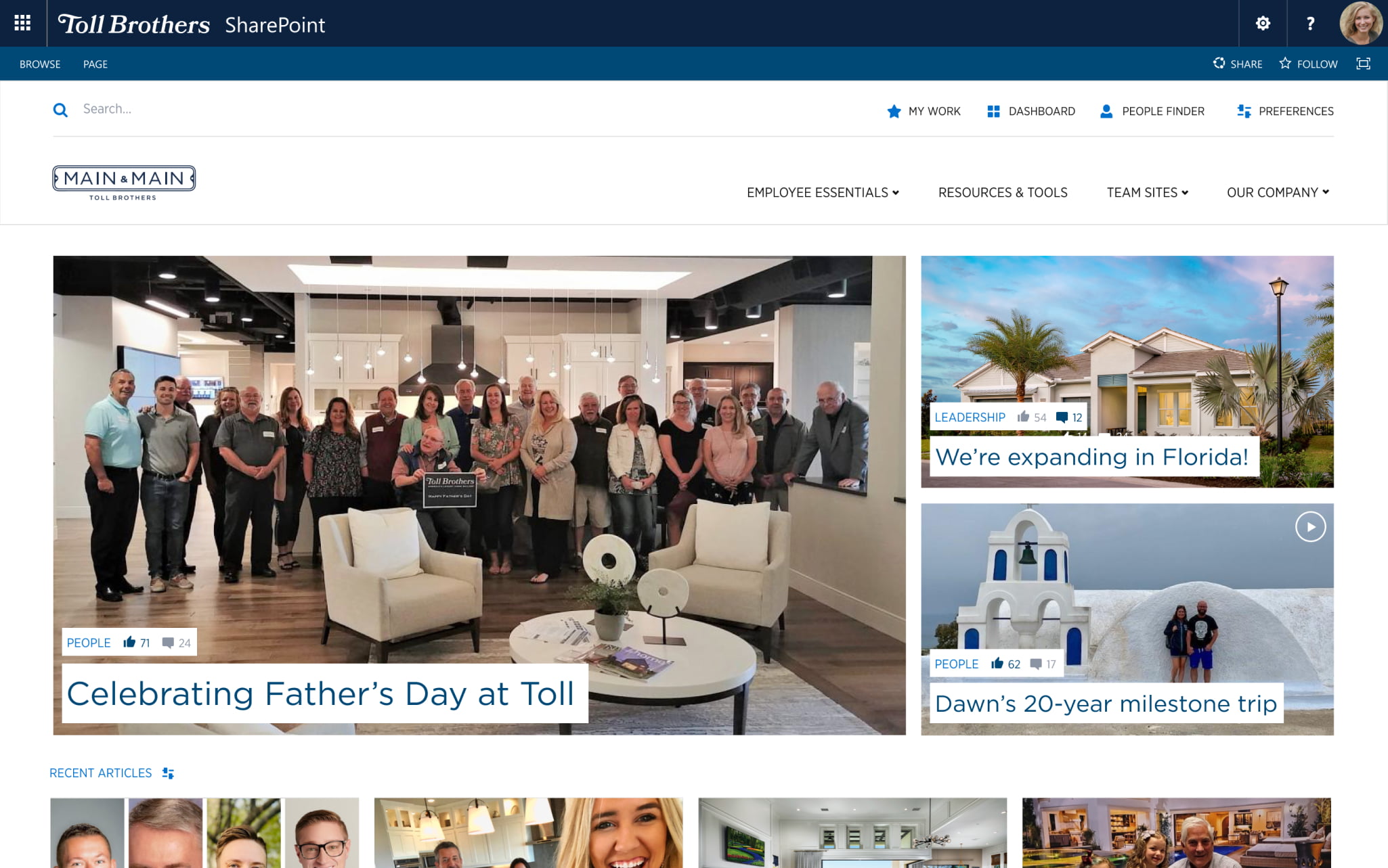 Mock-up of the home page from Toll Brother's intranet.
