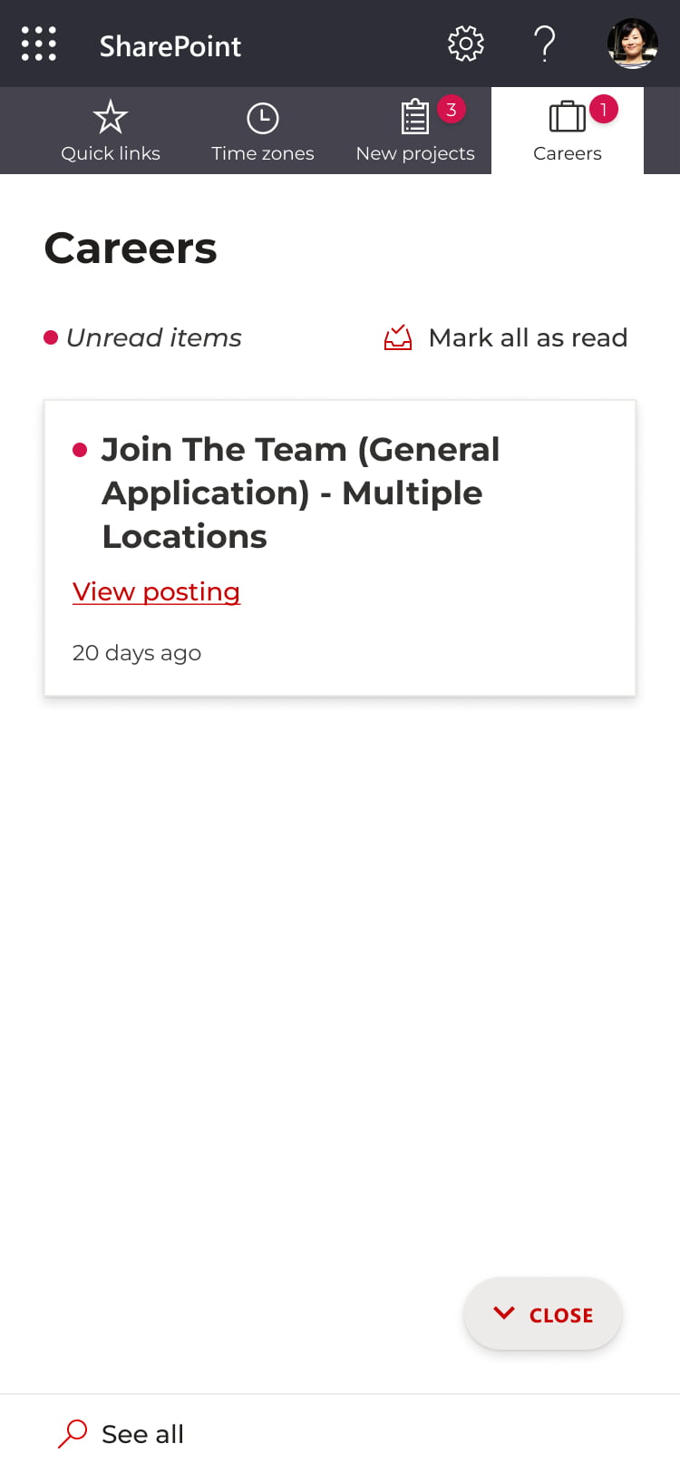 Mobile view of Urban System's intranet home page with the springboard opened up, built on GO on SharePoint.