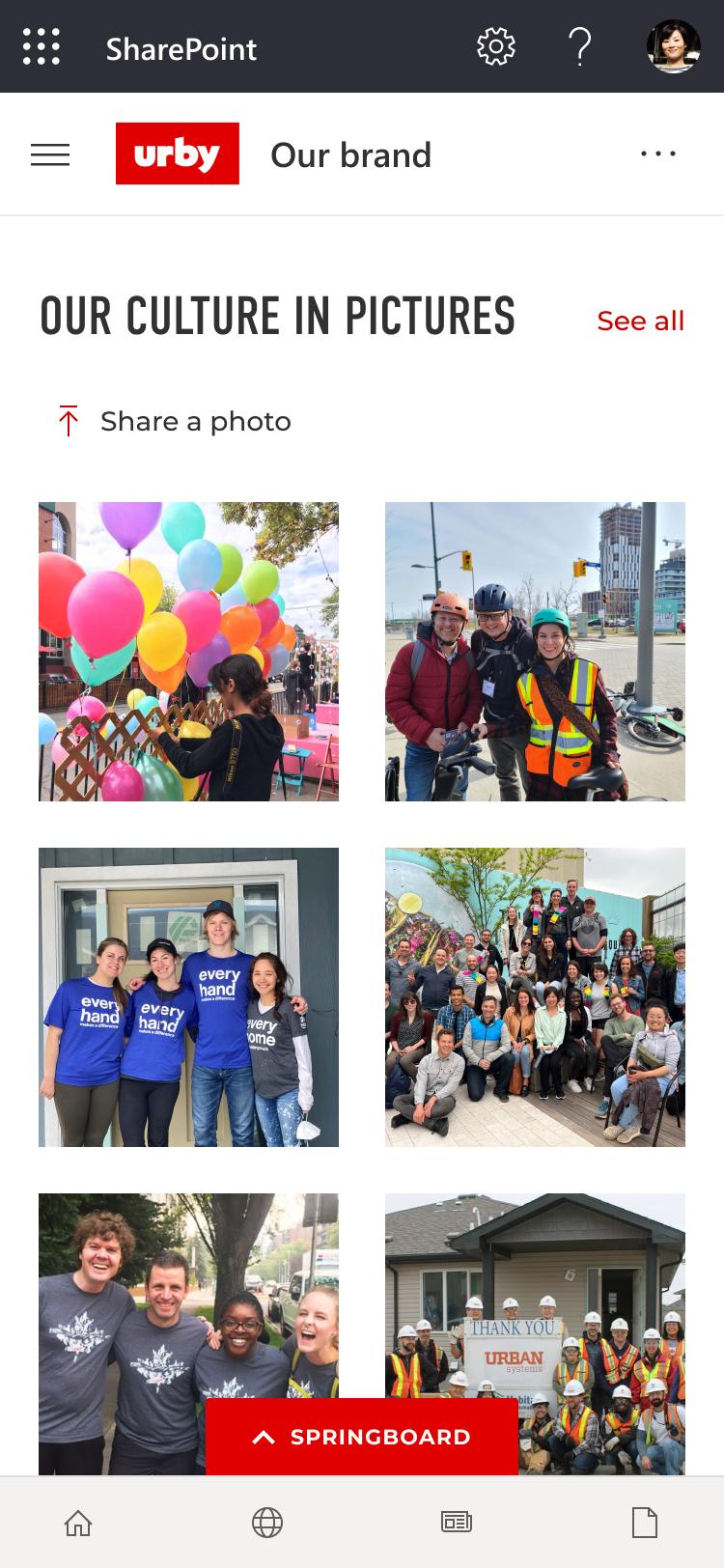Mobile view of Urban System's intranet home page, showing the user submitted photos feature, built on GO on SharePoint.