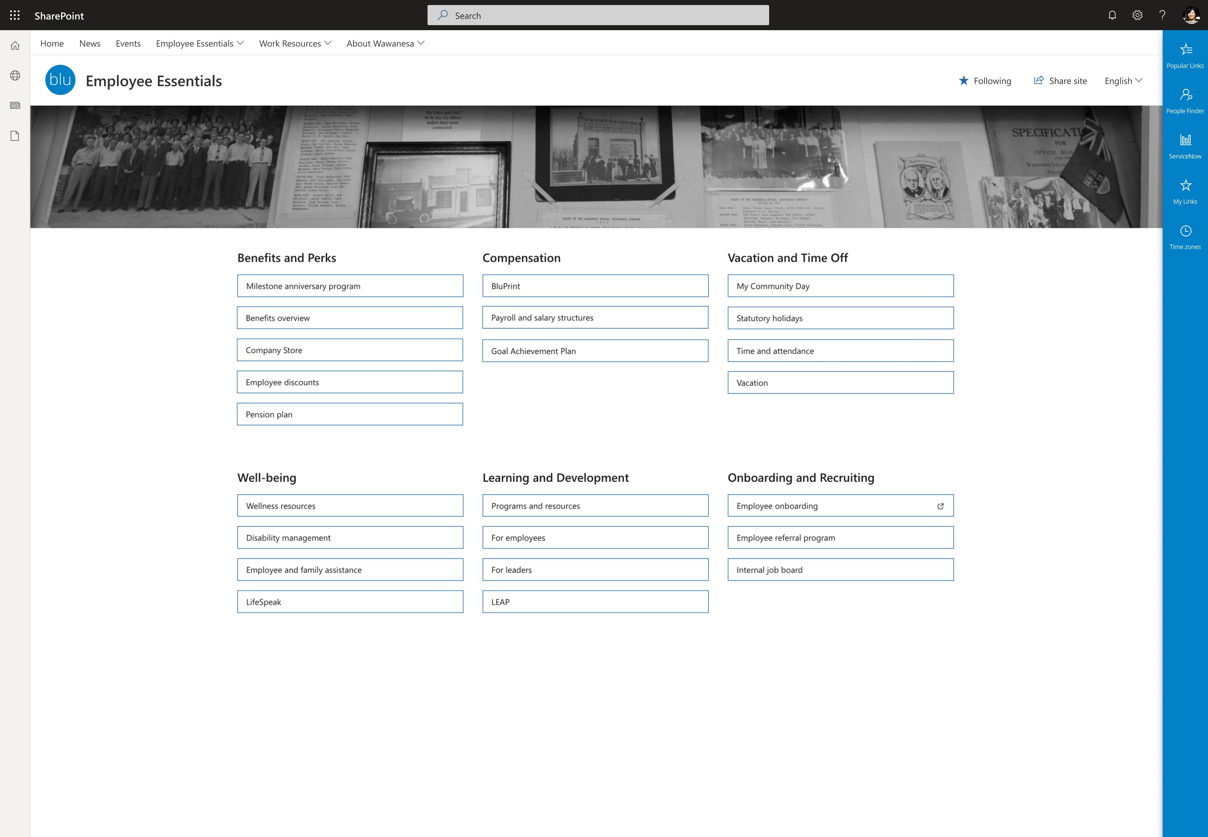 Desktop screenshot of Wawanesa's employee essentials page on their intranet.