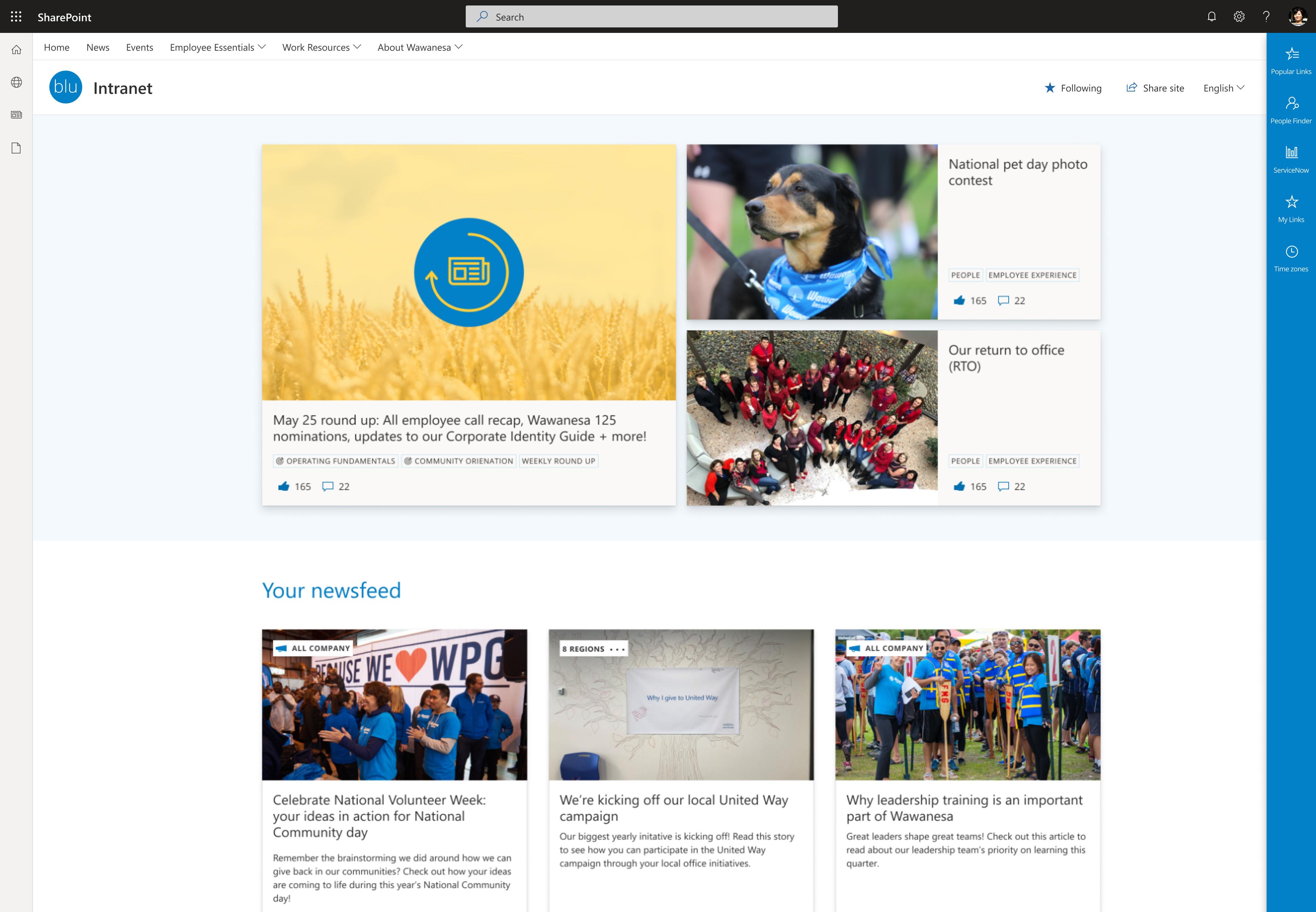 Desktop screenshot of Wawanesa's intranet home page.